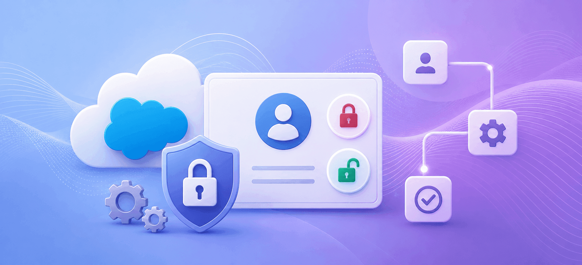 Automated Salesforce account freeze and unfreeze workflow with SailPoint ISC, showing secure identity management, workflow automation, and account lock/unlock icons.
