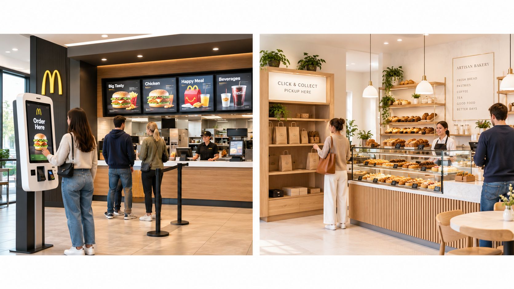 Una comparativa de un McDonald's tecnológico con quiosco de autoservicio y una panadería artesanal con mostrador elegante.