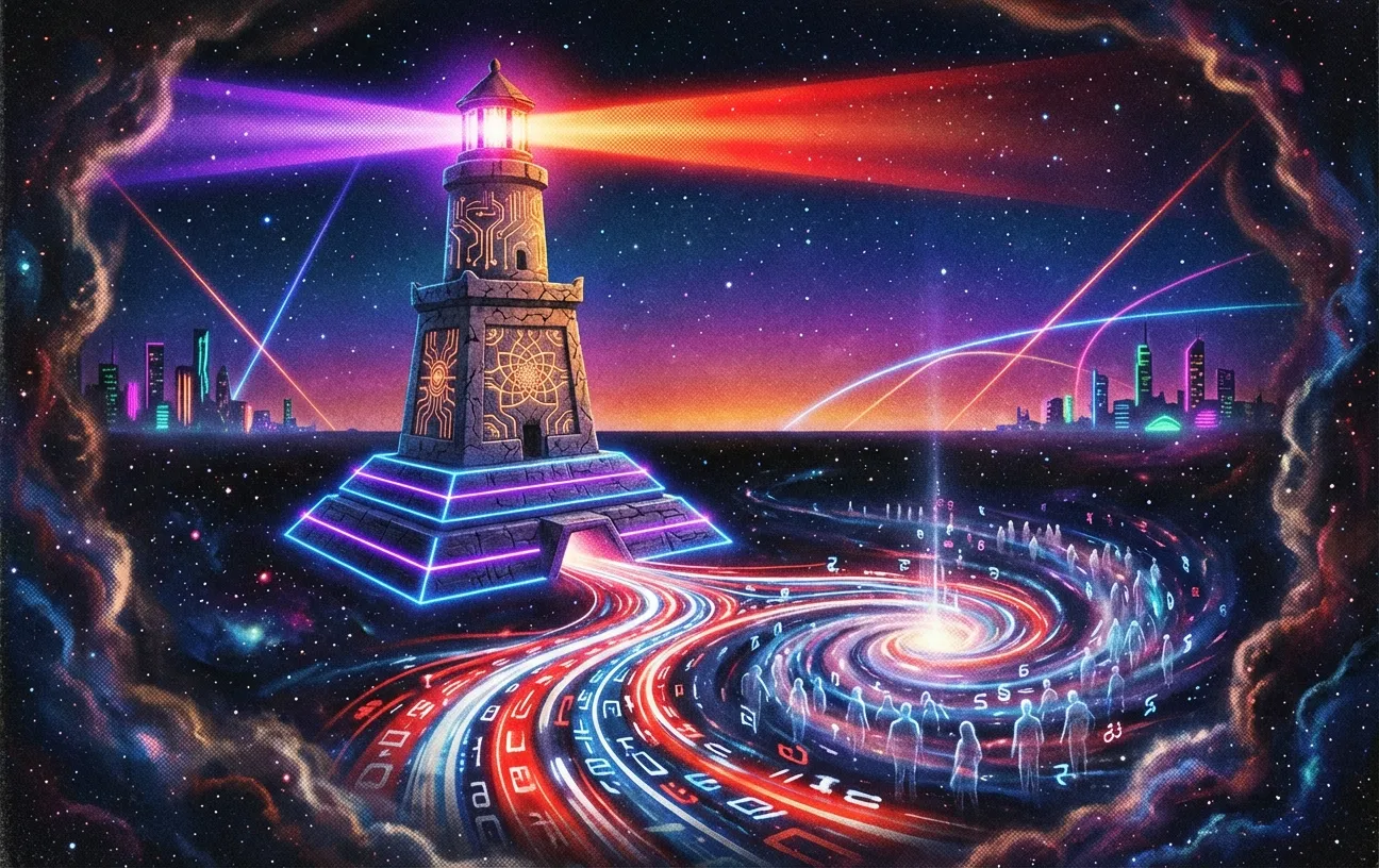 Futuristic scene with a lighthouse emitting beams, representing RockN' Socials Digital Marketing Agency.