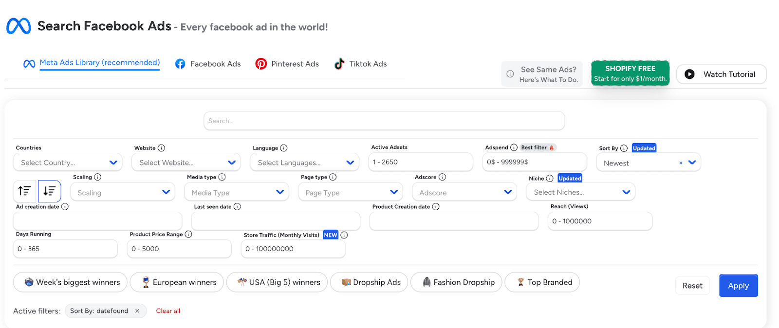 Search Facebook Ads dashboard with filters and search bar