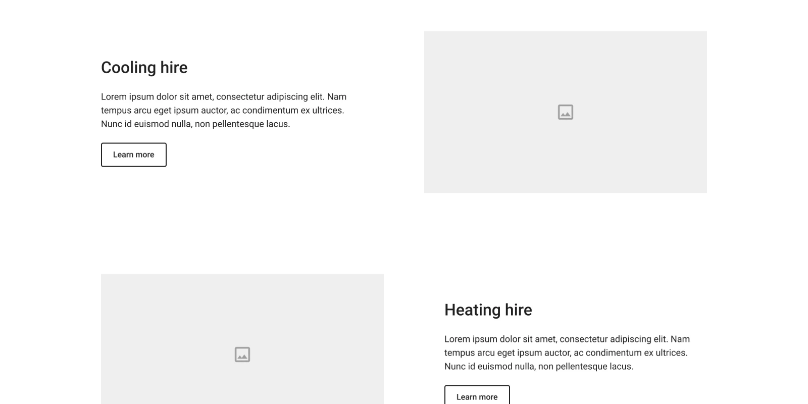 Solutions page wireframe listing Cooling hire and Heating hire, each with a Learn more button