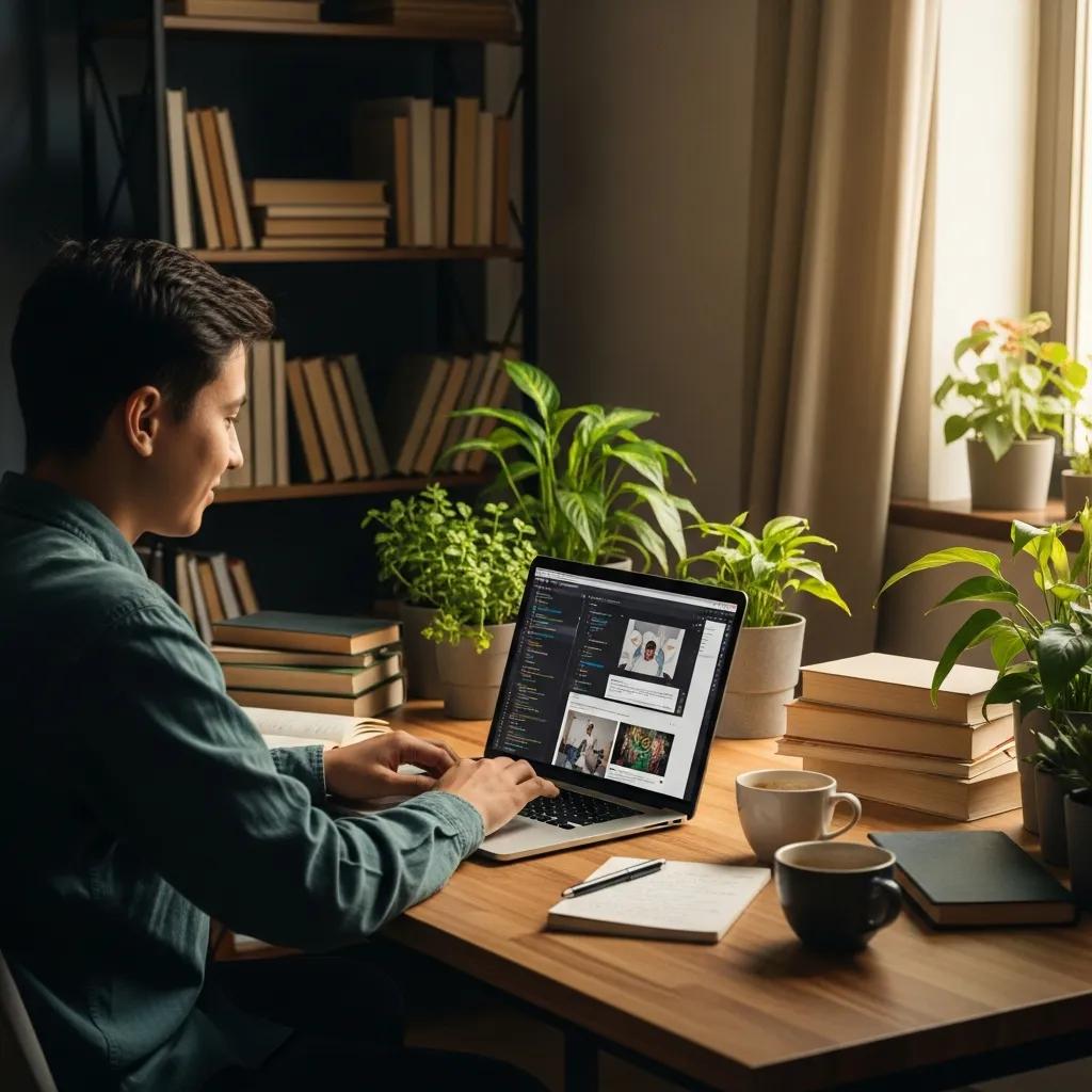 Person creating authentic content with AI tools in a cozy workspace