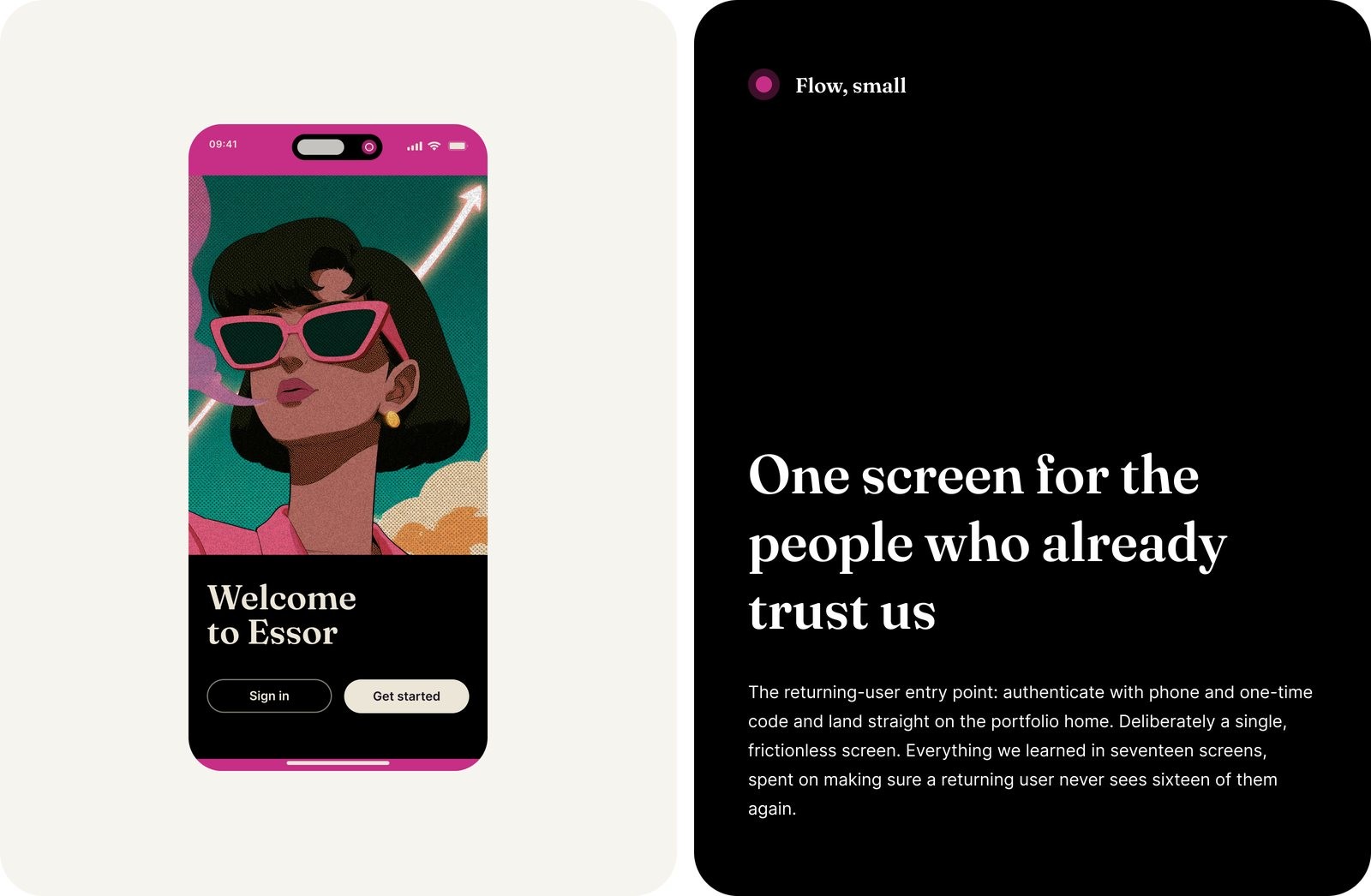 The returning user entry point beside one screen for people who already trust us