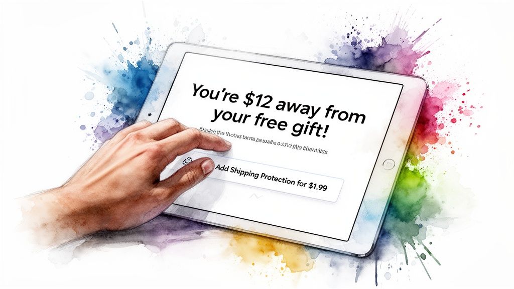 Hand tapping a tablet screen showing an upsell offer for shipping protection and a free gift message.