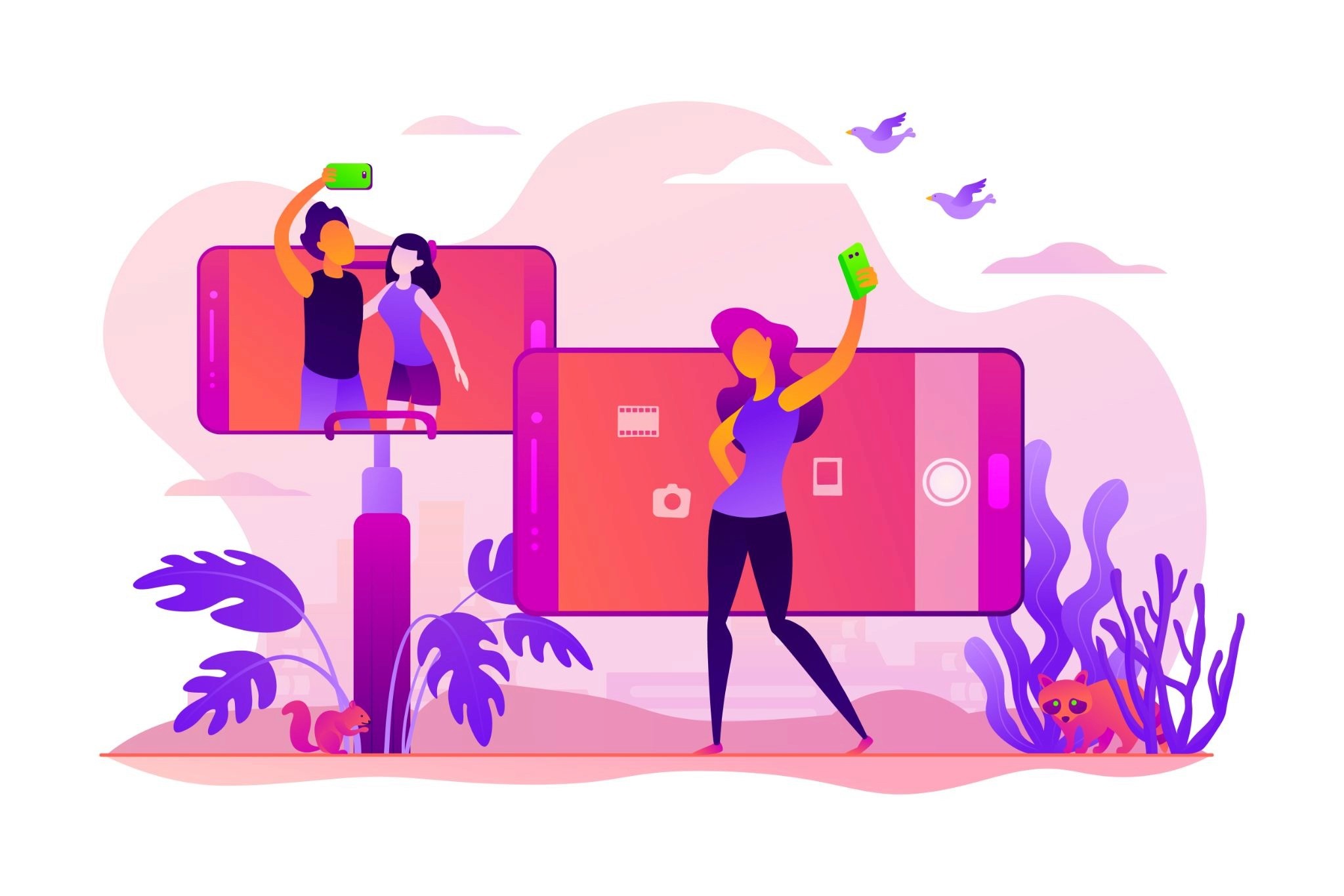 Illustration of social media influencers taking selfies and filming content with oversized smartphones.