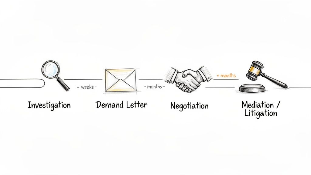 A visual timeline depicting the legal steps of investigation, demand letter, negotiation, and mediation or litigation.