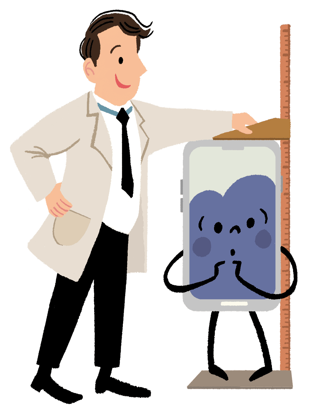 Cartoon depicting the friendly App Doctor character measuring the height of a worried-looking smartphone character.