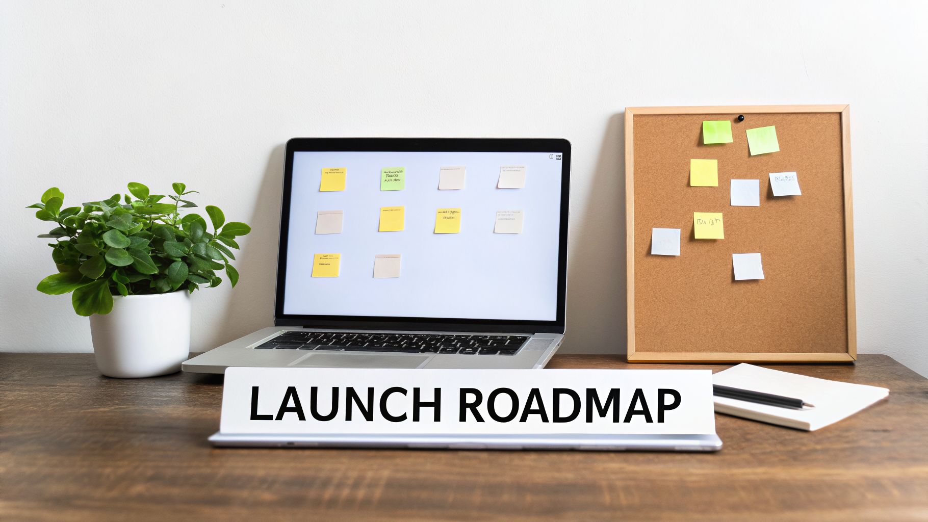 A modern workspace with a laptop showing a digital roadmap, a plant, a cork board, and a 'LAUNCH ROADMAP' sign.