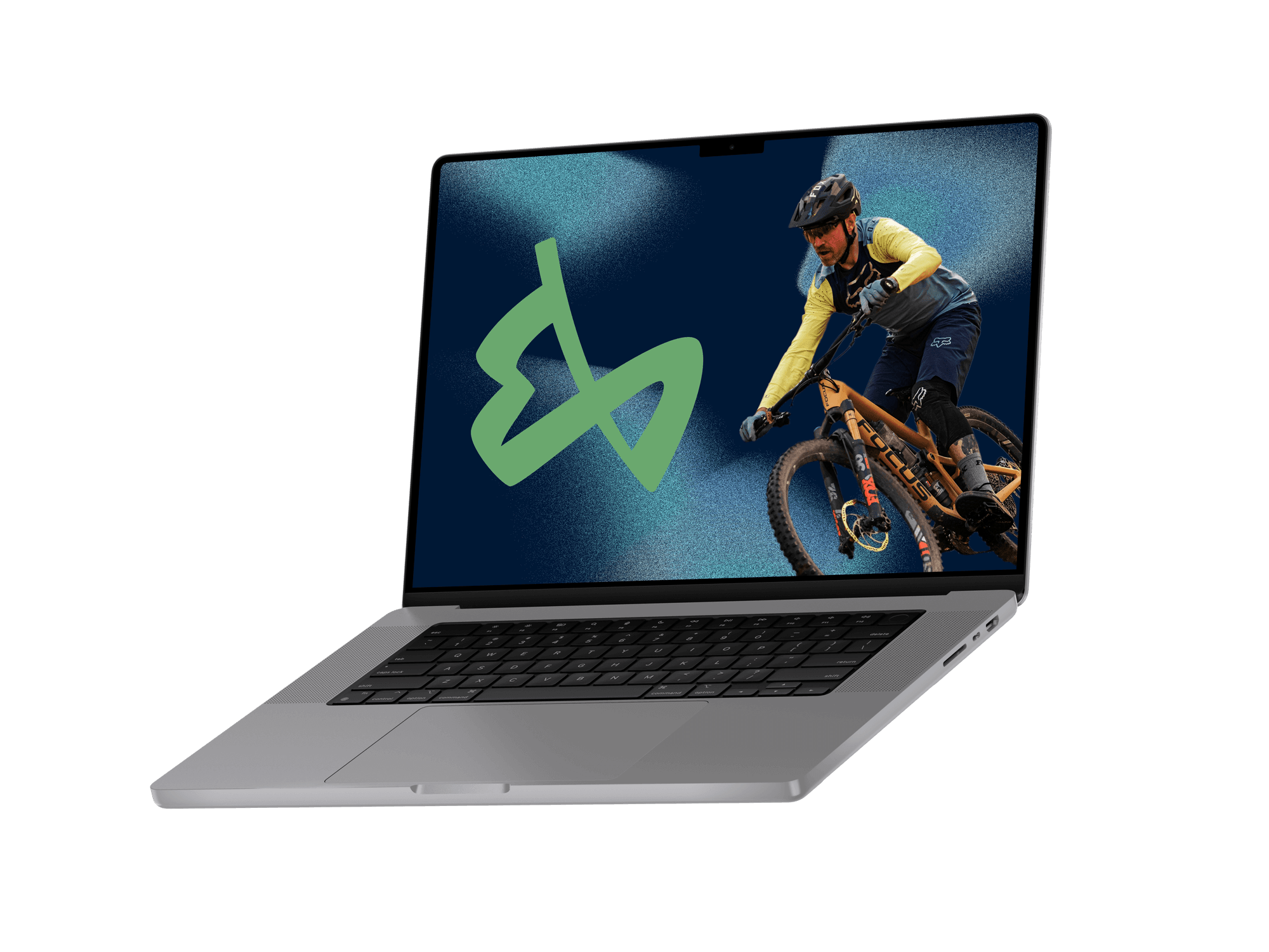 Laptop mockup showcasing the Endless Biking logo and a cyclist in action.