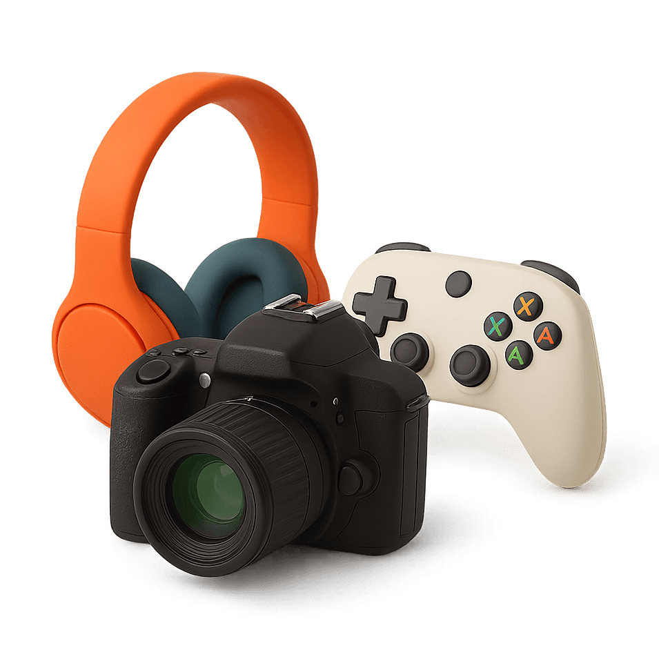 Electronics and gadgets like headphones, a camera, and a game controller for selling in this category