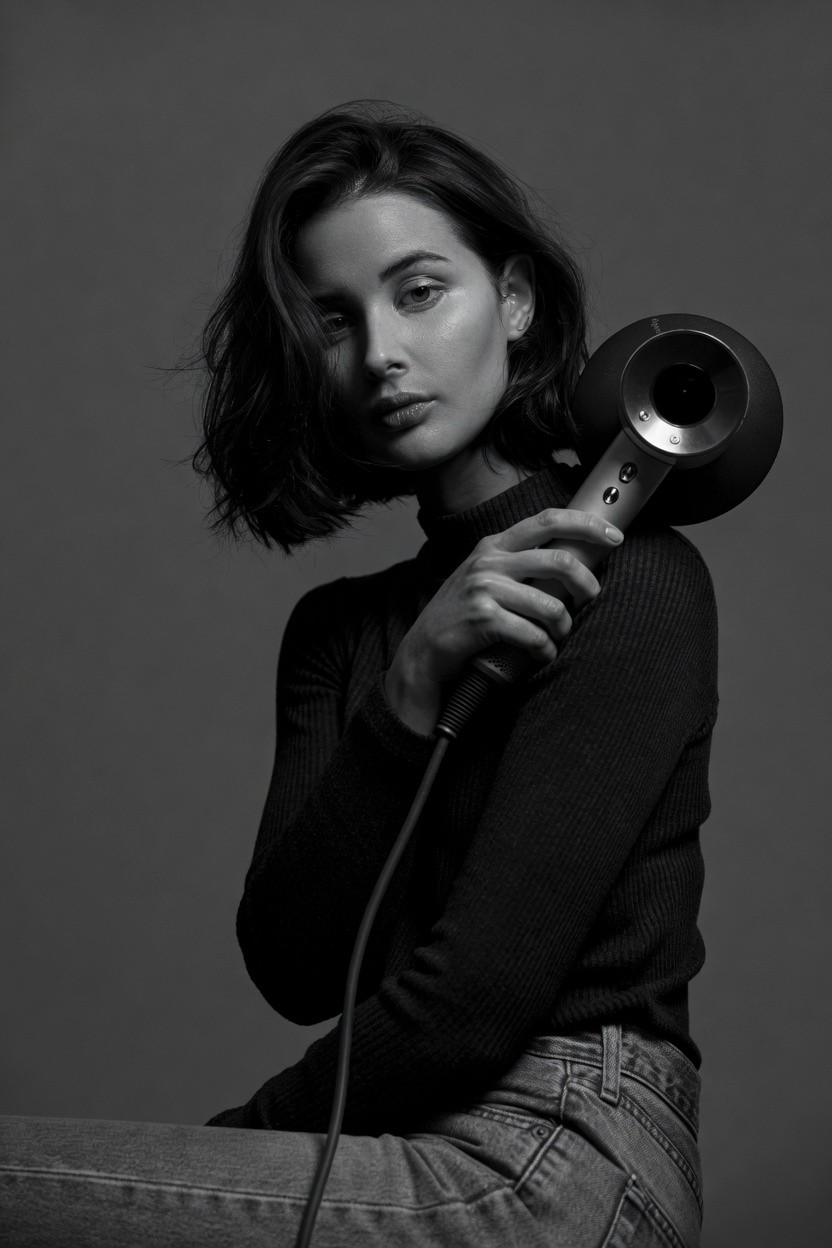 Black and white portrait of a woman with a bob haircut holding a hair dryer over her shoulder.