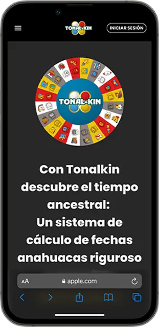Maqueta de alta fidelidad (mockup) que muestra el diseño responsivo de la landing page de Tonalkin.org; se observa la adaptación de la interfaz del calendario mesoamericano desde una versión de escritorio hasta una versión móvil, manteniendo una estética moderna con iconografía Nahua.