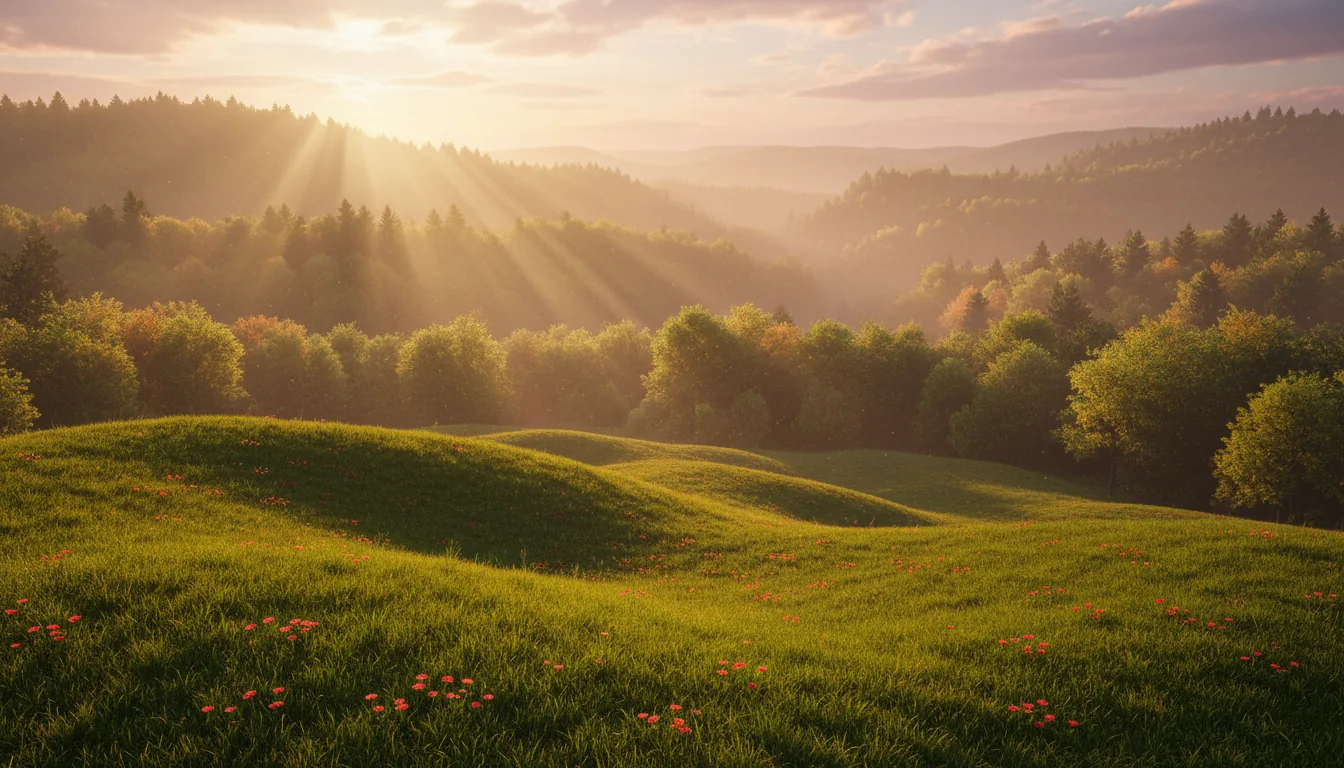 A photorealistic 3D render in the style of Blender, depicting a wide-angle landscape of a rolling green hill sloping down into a dense forest valley. The scene is illuminated by dramatic golden hour lighting from the upper left, creating strong volumetric god rays that filter through the atmospheric haze and backlight the treetops with a warm, yellow-green glow. The foreground features lush grass textures dotted with small red wildflowers, all in sharp focus.