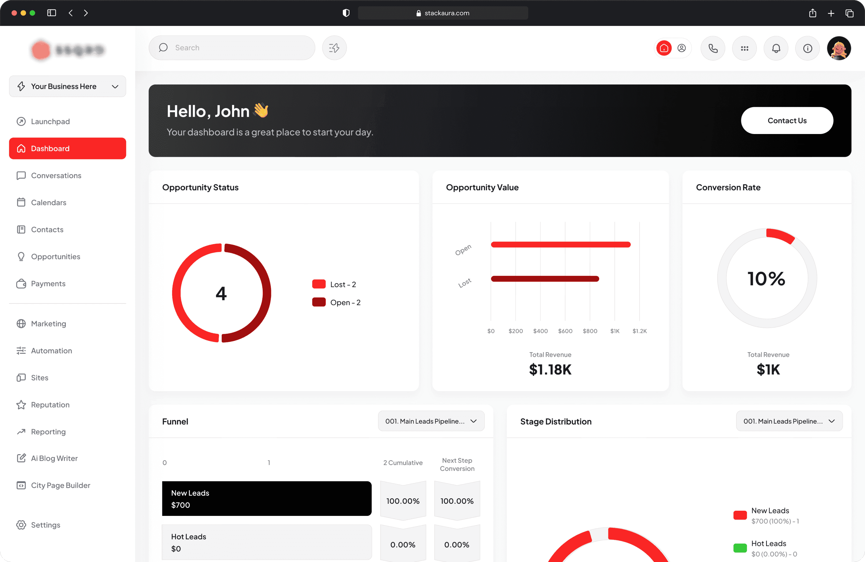 Minimal red and white GoHighLevel dashboard customization with branded CRM dashboard layout | StackAura