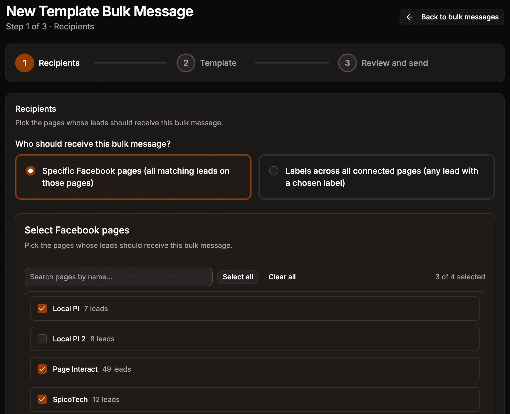 Step 1 Recipients of the New Template Bulk Message wizard: selecting specific Facebook pages with lead counts