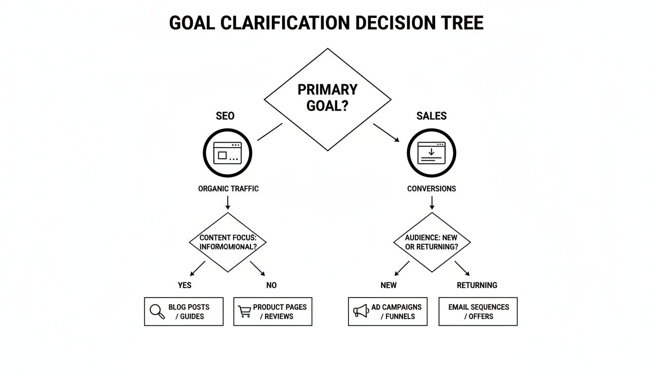 Decision tree flowchart clarifying primary goals: SEO for organic traffic, leading to blog posts or product pages, and Sales for conversions, guiding ad campaigns or email sequences.