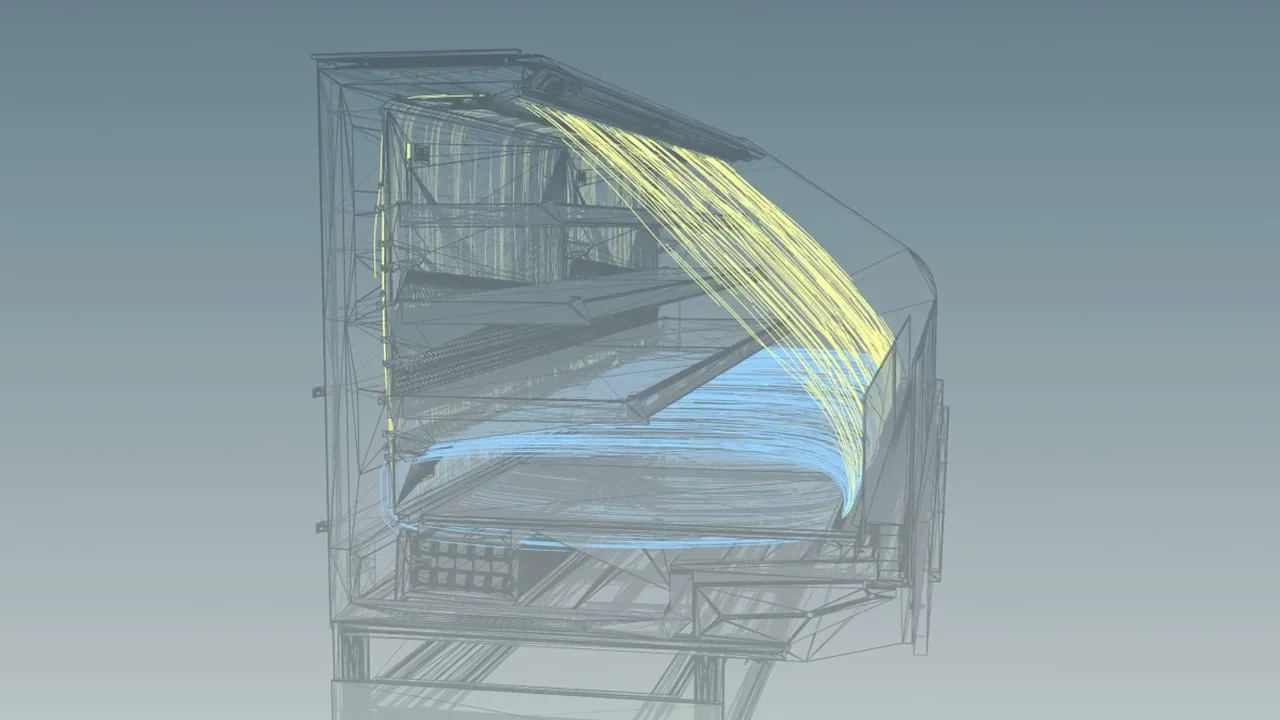 Houdini viewport view of a HAUSER Vithando display case in wireframe, with yellow and blue curves showing the simulated airflow paths