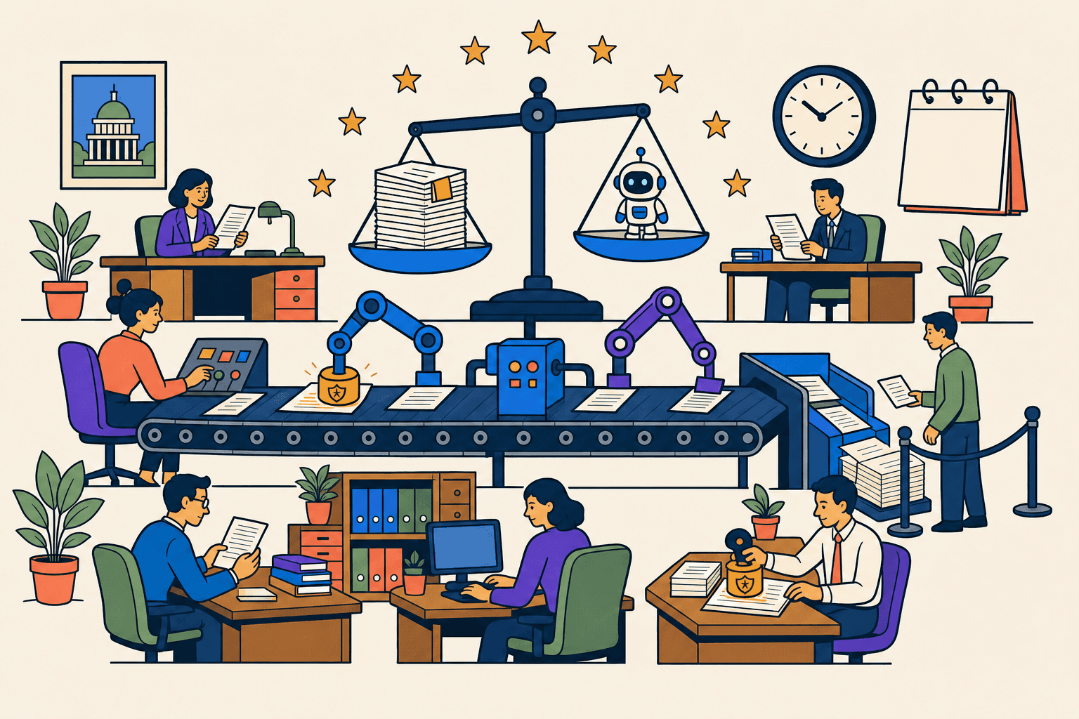 Illustration: Waage mit Dokumenten und KI-Roboter im Amtszimmer mit EU-Sternen