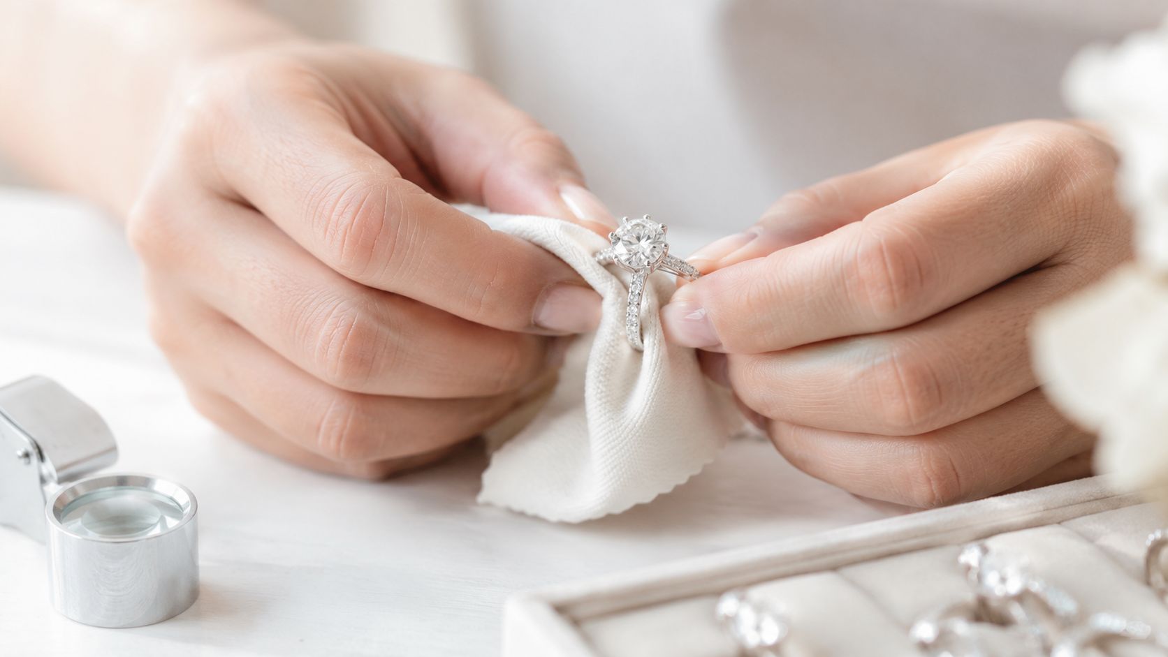 A close-up of a person cleaning a diamond engagement ring with a soft microfiber cloth.