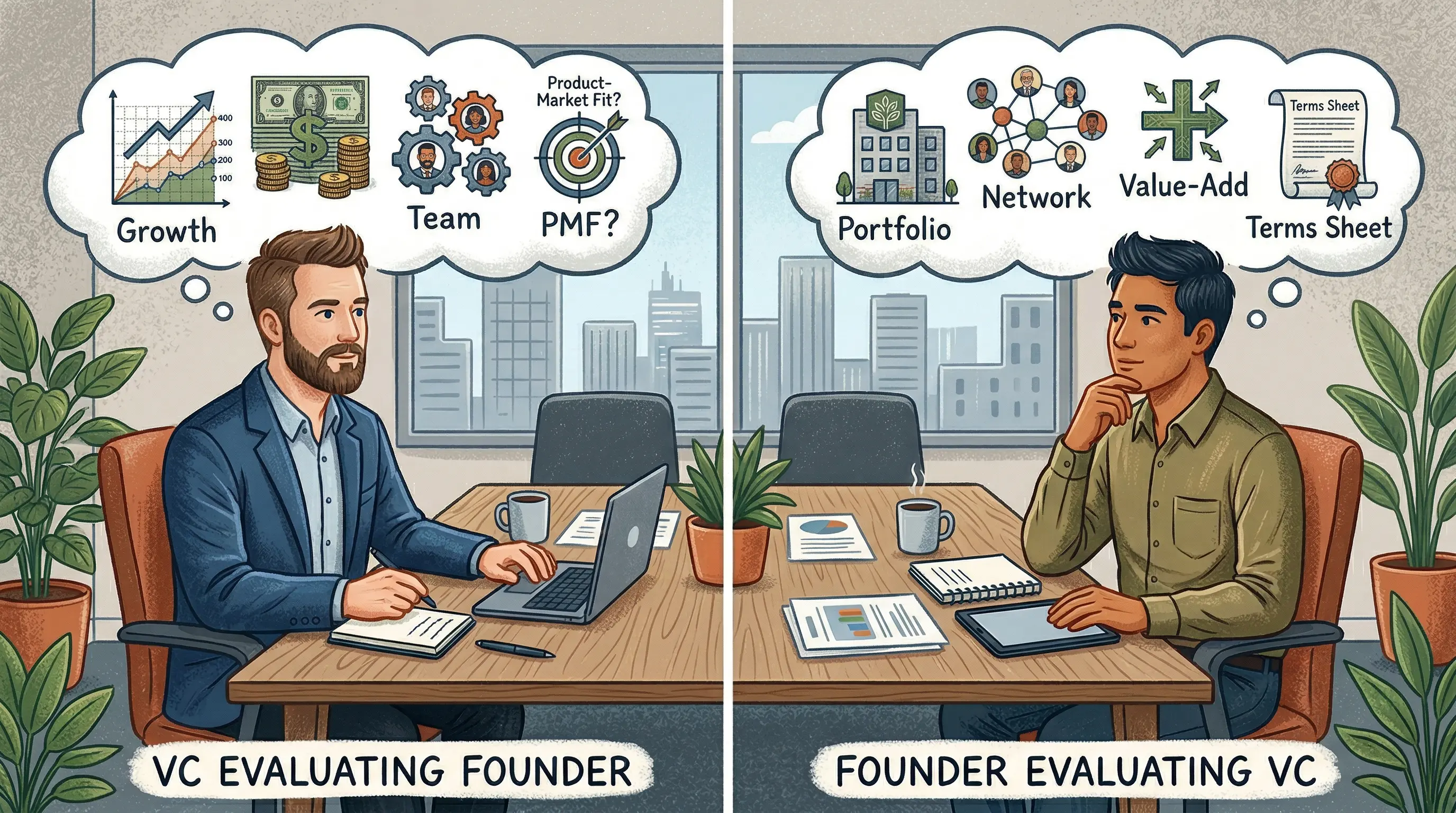 A simple illustration showing the two-sided nature of a VC meeting: founder evaluating VC on one side, VC evaluating founder on the other