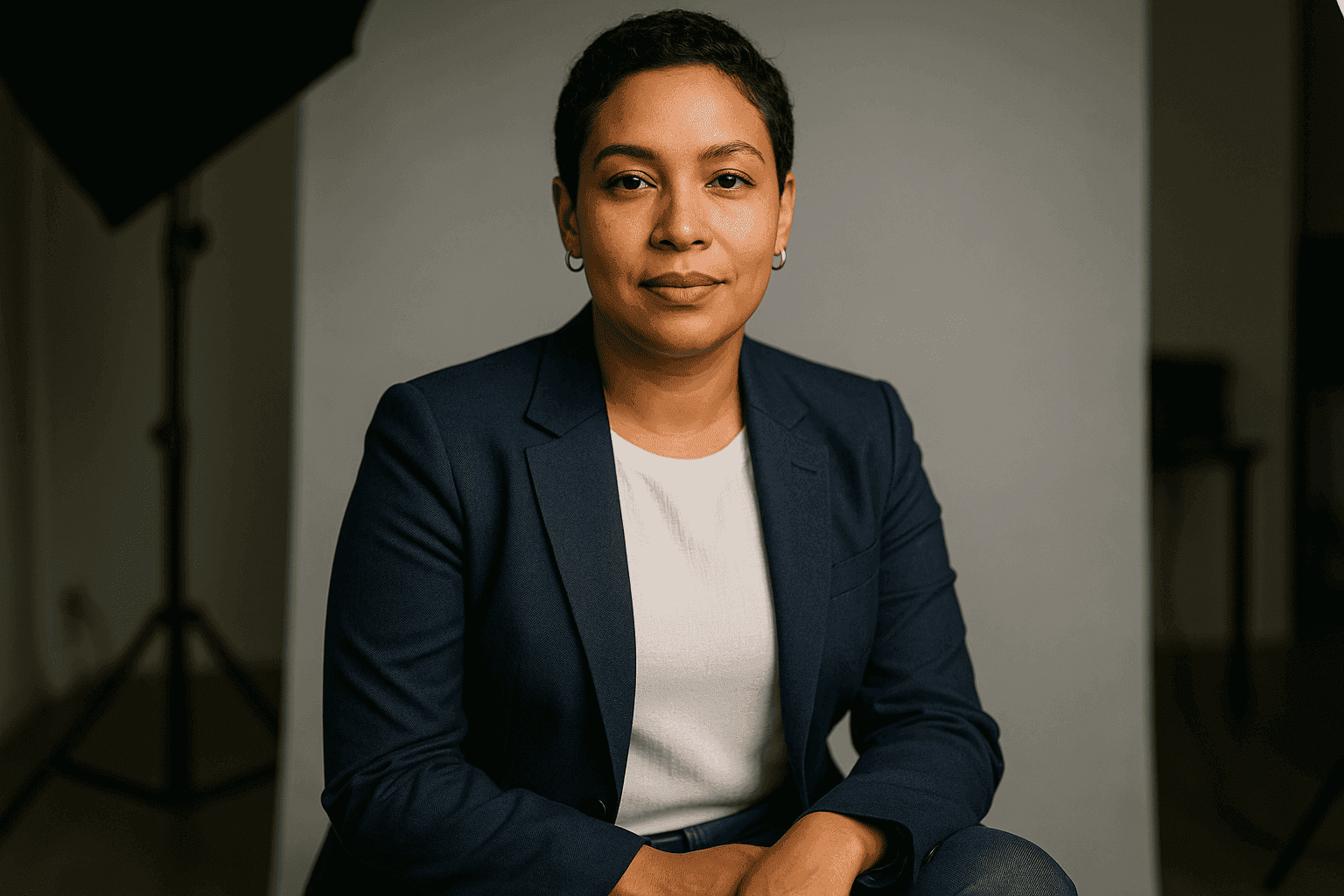 Confident adult in a navy blazer and white shirt poses for a professional headshot in a well-lit studio. Subtle jewelry, natural makeup, expressive features, and authentic fabric details emphasize a modern, polished, and approachable look against a softly blurred gray background.