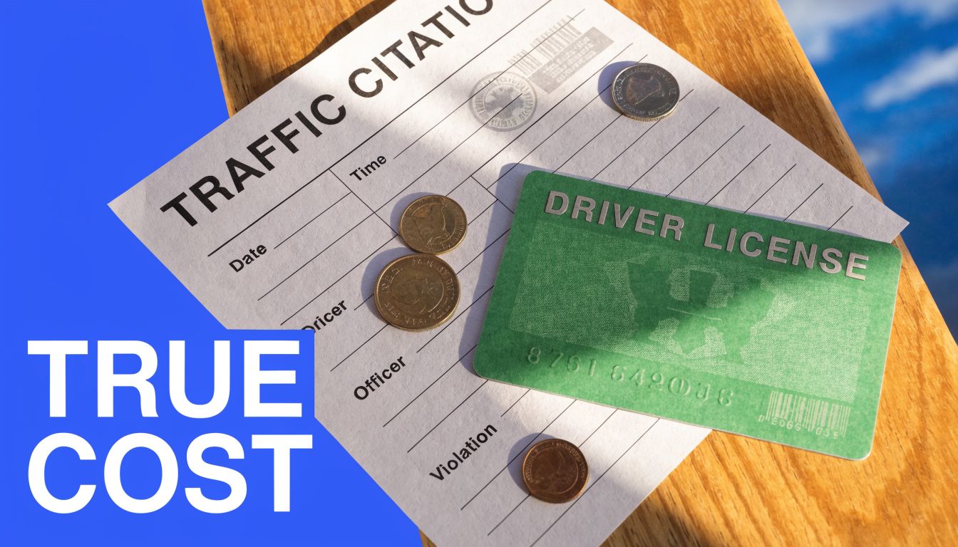 A driver license on a traffic citation form with several coins on a wooden table.