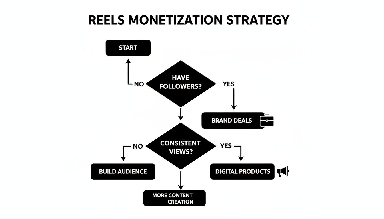 A flowchart illustrating a Reels monetization strategy, covering brand deals, digital products, and audience building.