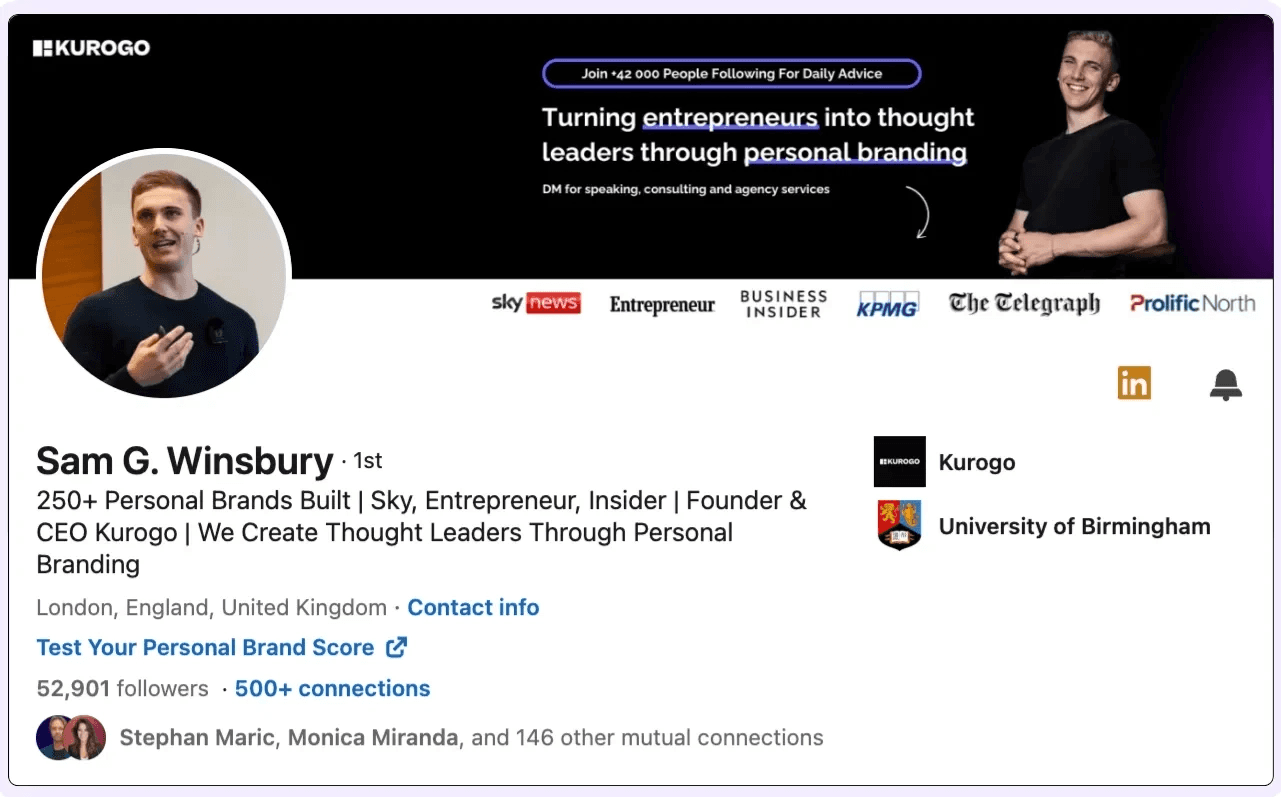 A screenshot of Sam G. Winsbury's LinkedIn profile, a professional who provides users with personal brand audits and guidance