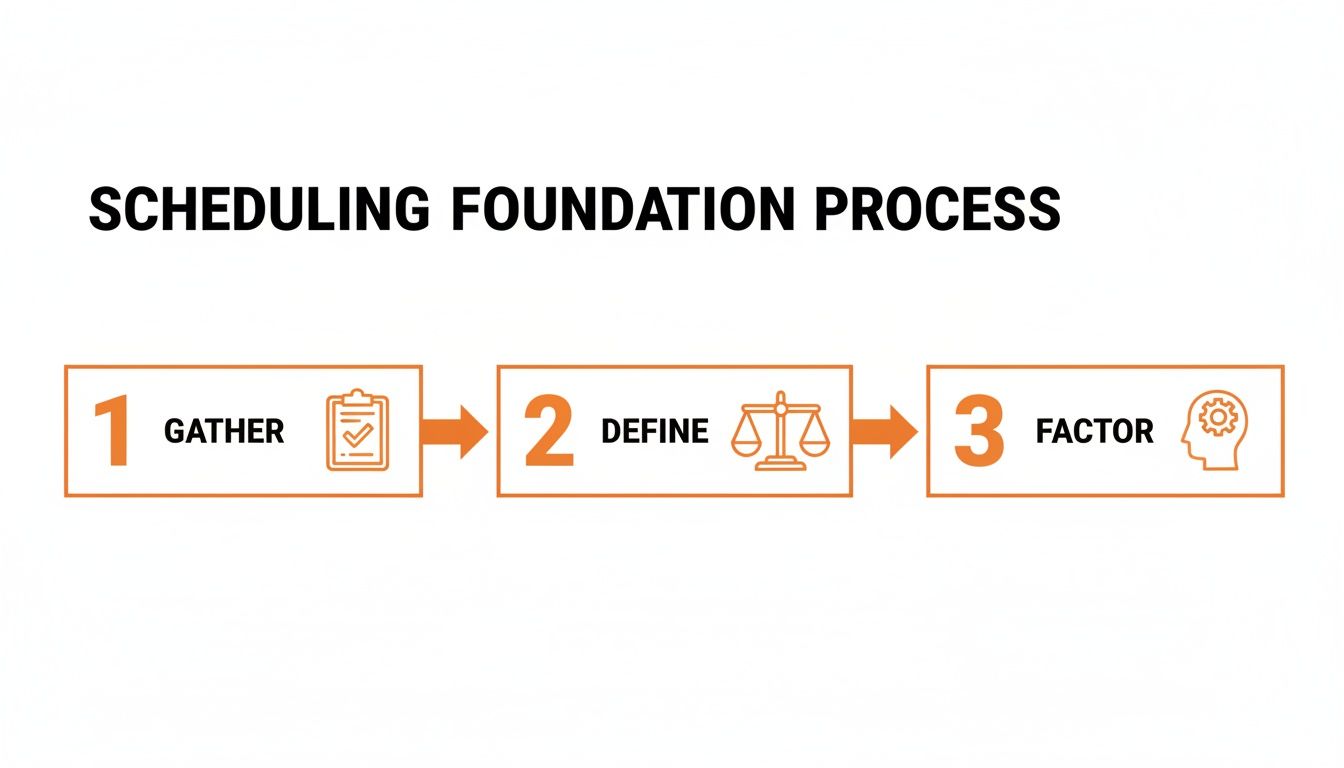 Flowchart illustrating the three-step scheduling foundation process: gather, define, and factor.