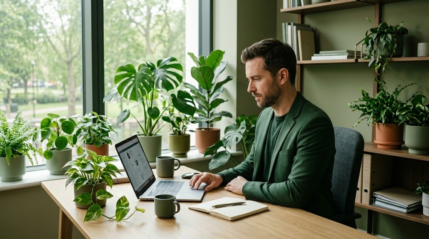 Recruiter working on a laptop in a plant filled office with large windows and natural light