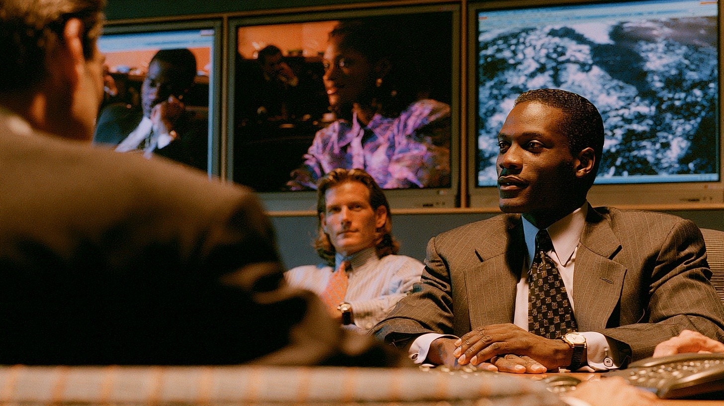 Banking leaders compare voice, email, and SMS collection capabilities on three adjacent operational screens during a structured software evaluation meeting
