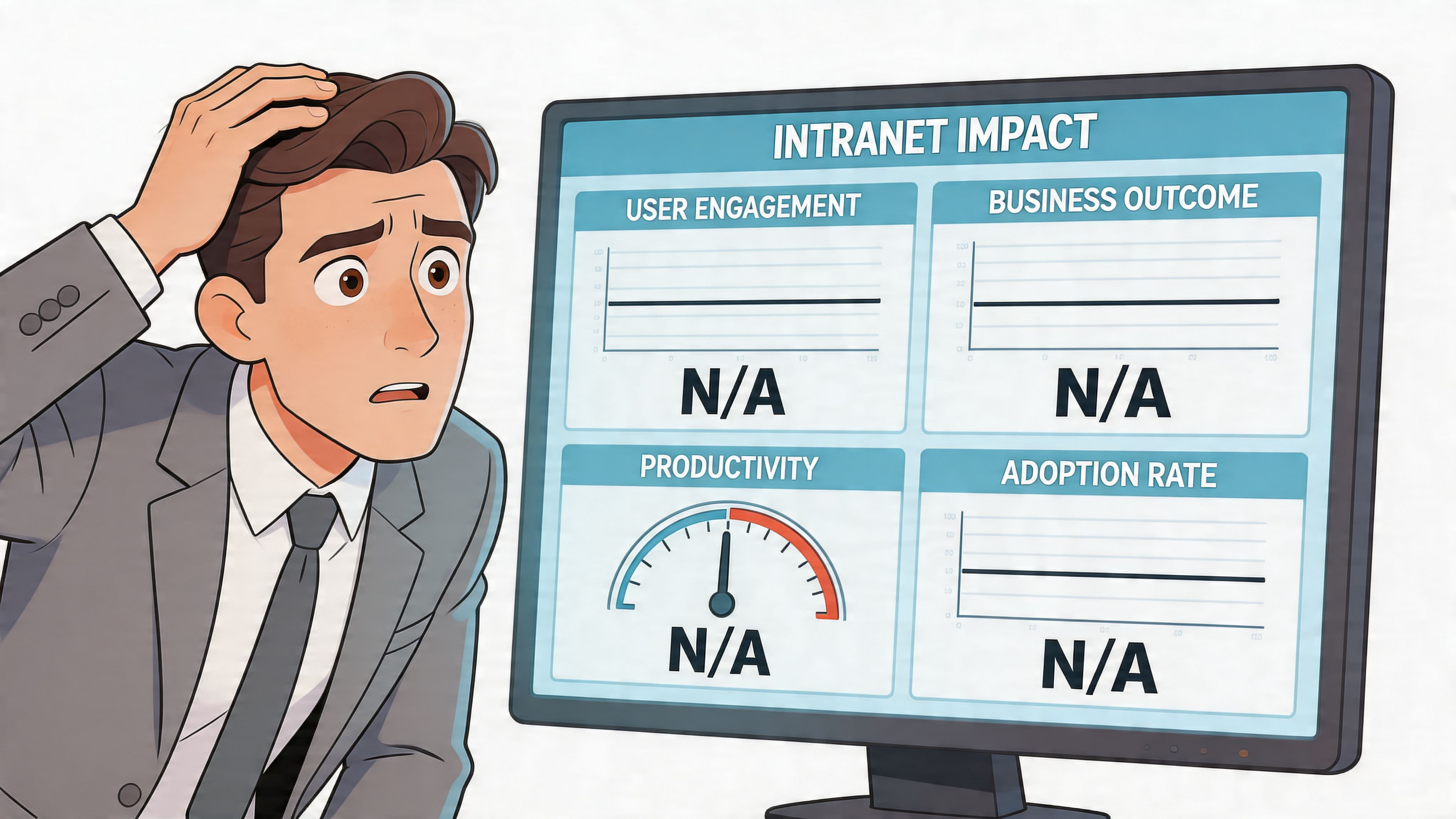 A confused business professional looking at a computer monitor displaying empty intranet impact performance metrics.