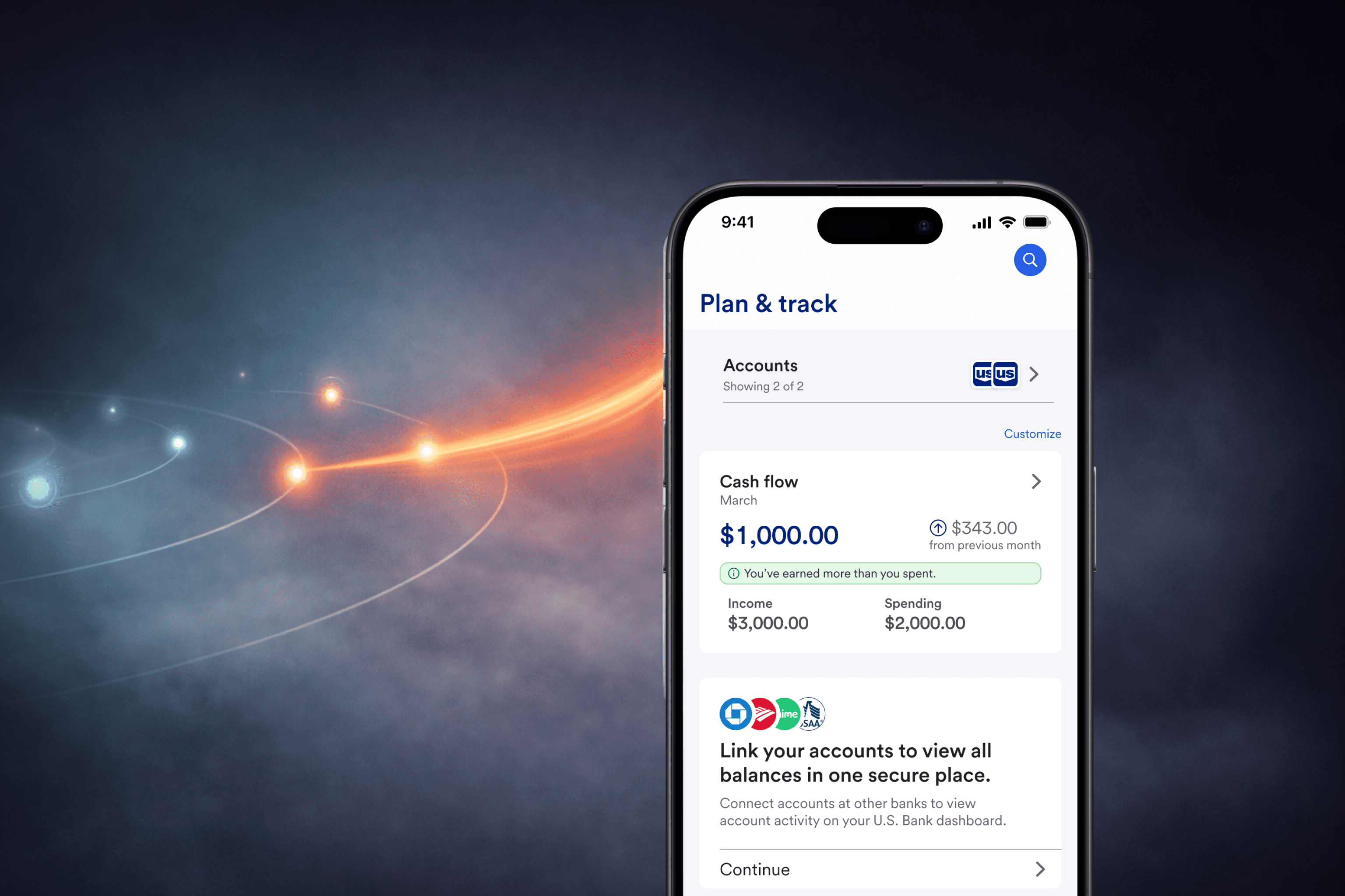 An iPhone mockup displaying a “Plan & track” financial dashboard (accounts and cash flow showing $1,000 for March) on the right, set against a dark, misty gradient background with glowing orbit lines and a warm orange light streak sweeping across the image.