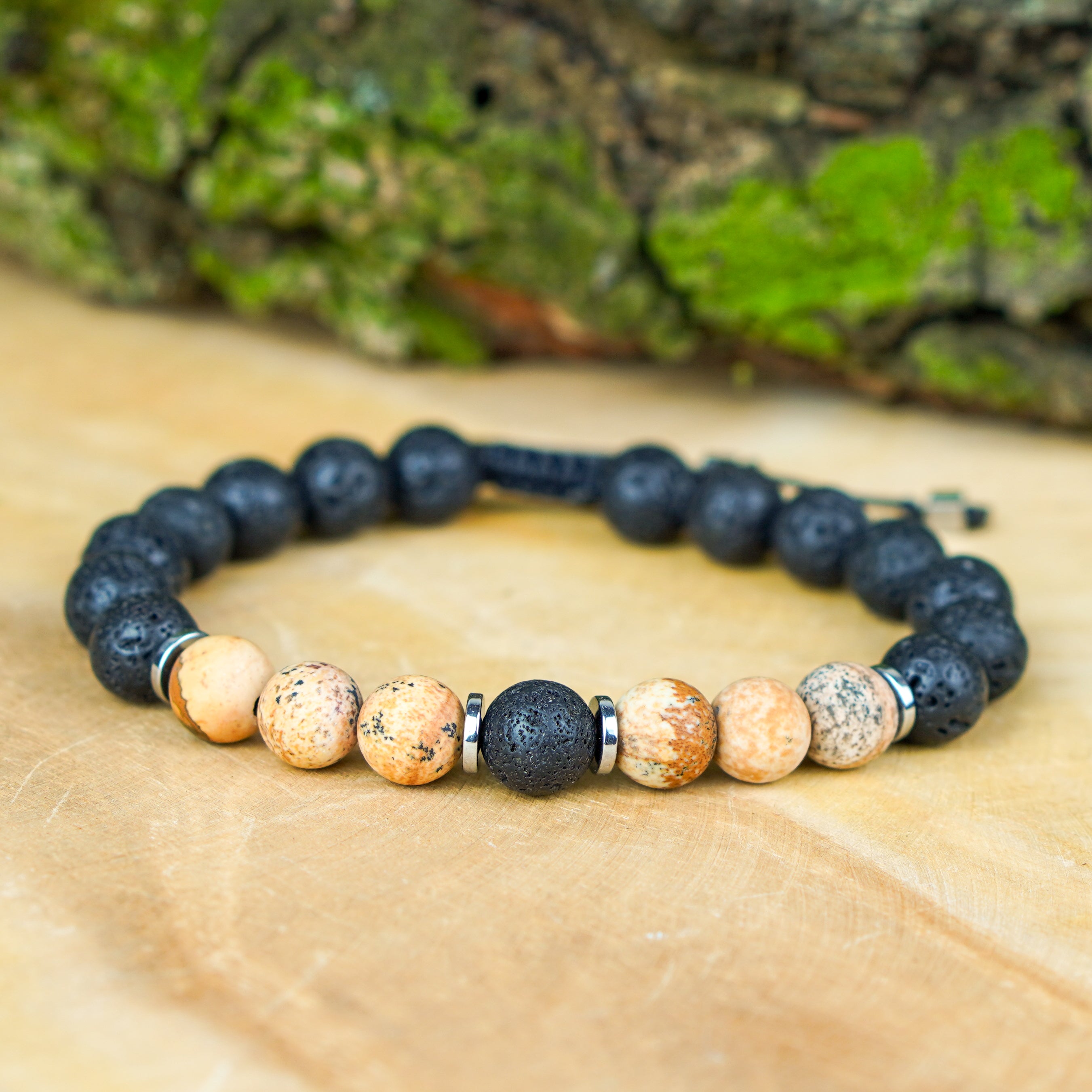 Męska bransoletka z jaspisu obrazkowego lawy i hematytu – naturalna siła i głęboka symbolika