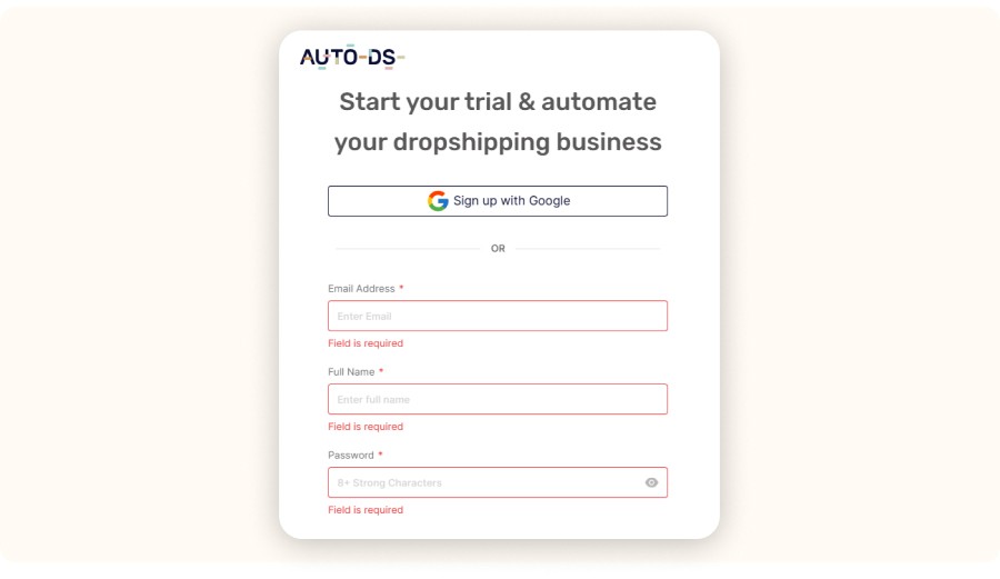 AutoDS sign-up screen