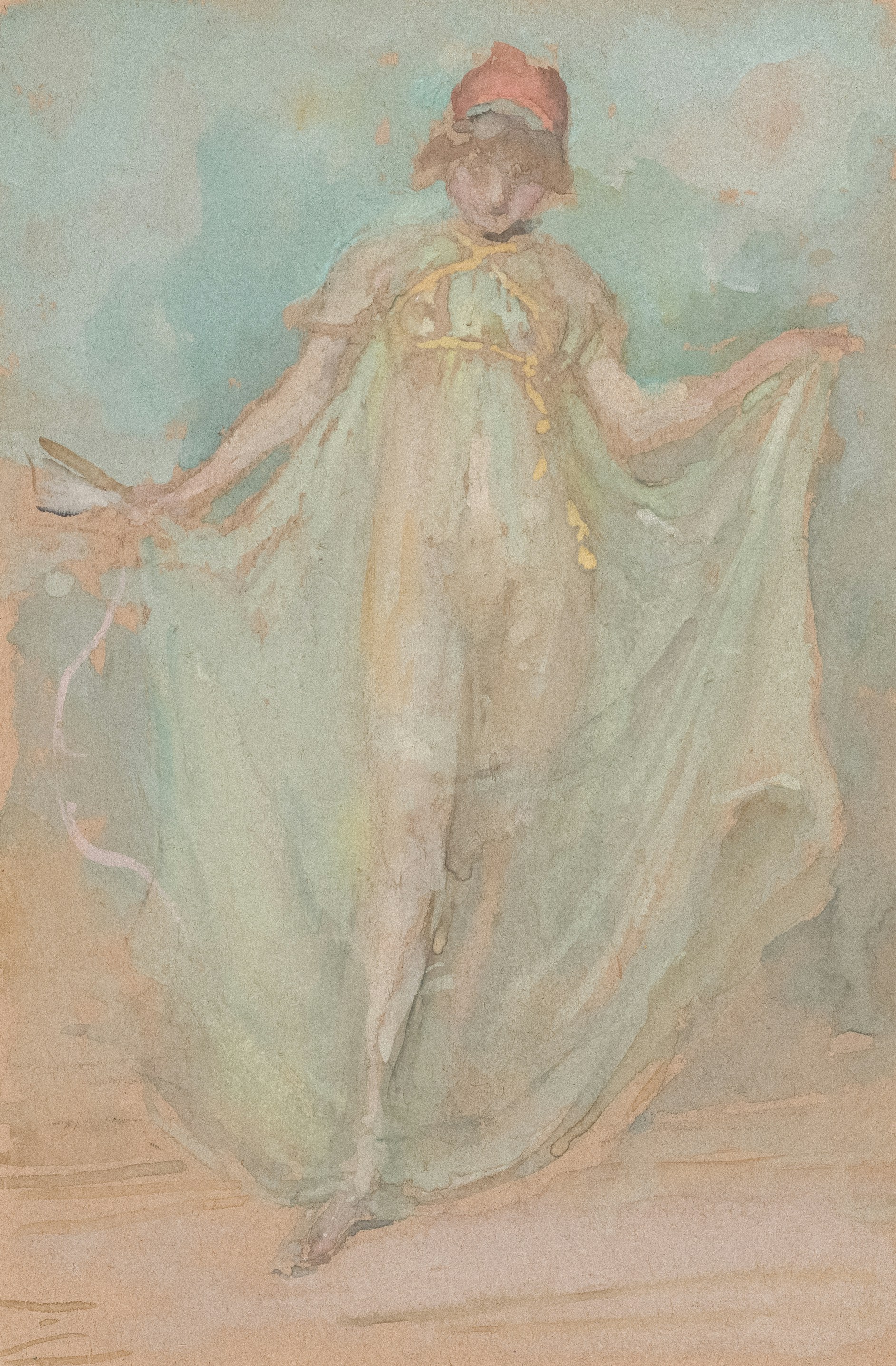 A figure in a flowing dress holds a fan.