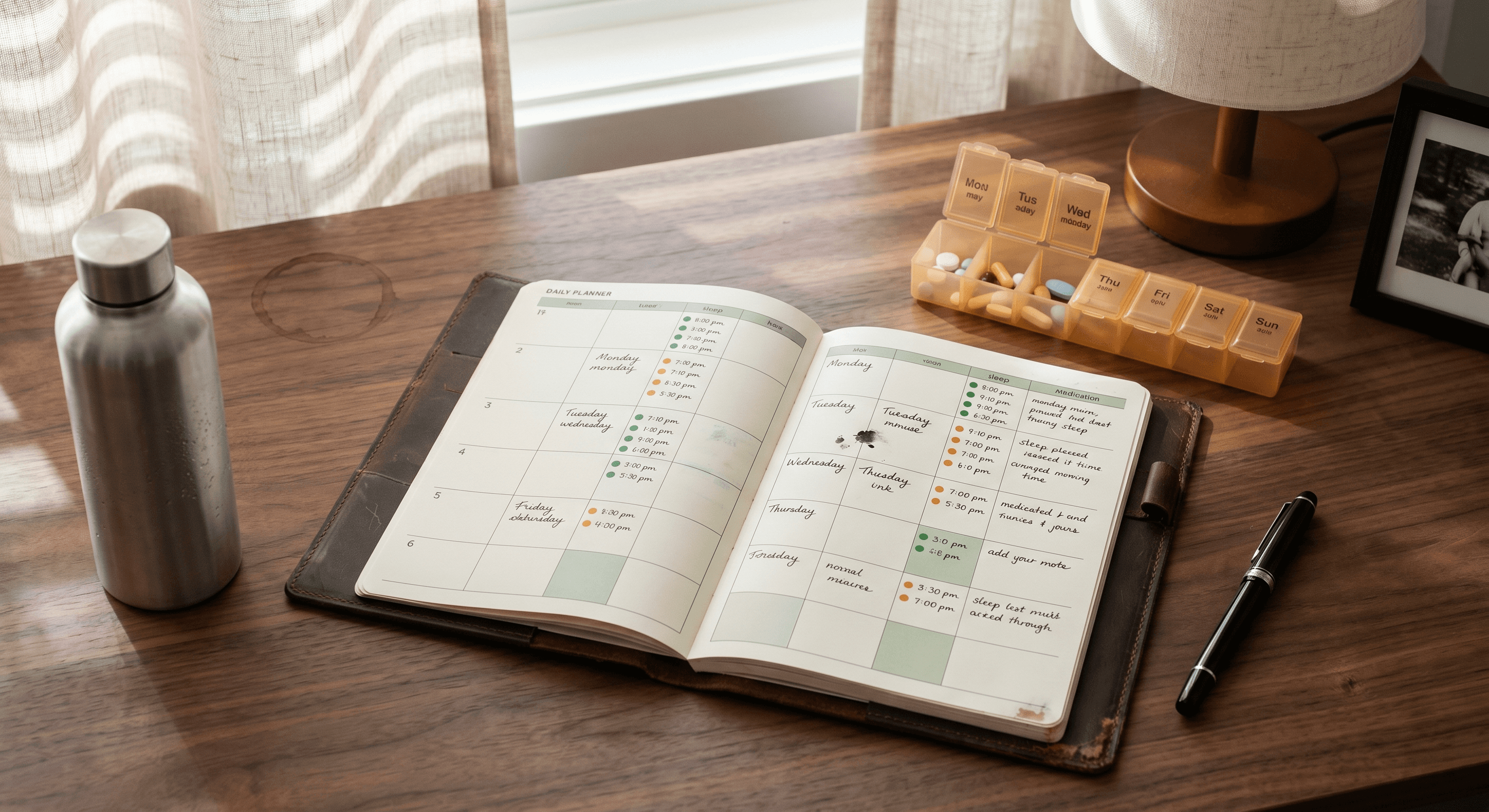 Open daily planner with color-coded sleep and medication routines on a clean home desk, morning light through linen curtains