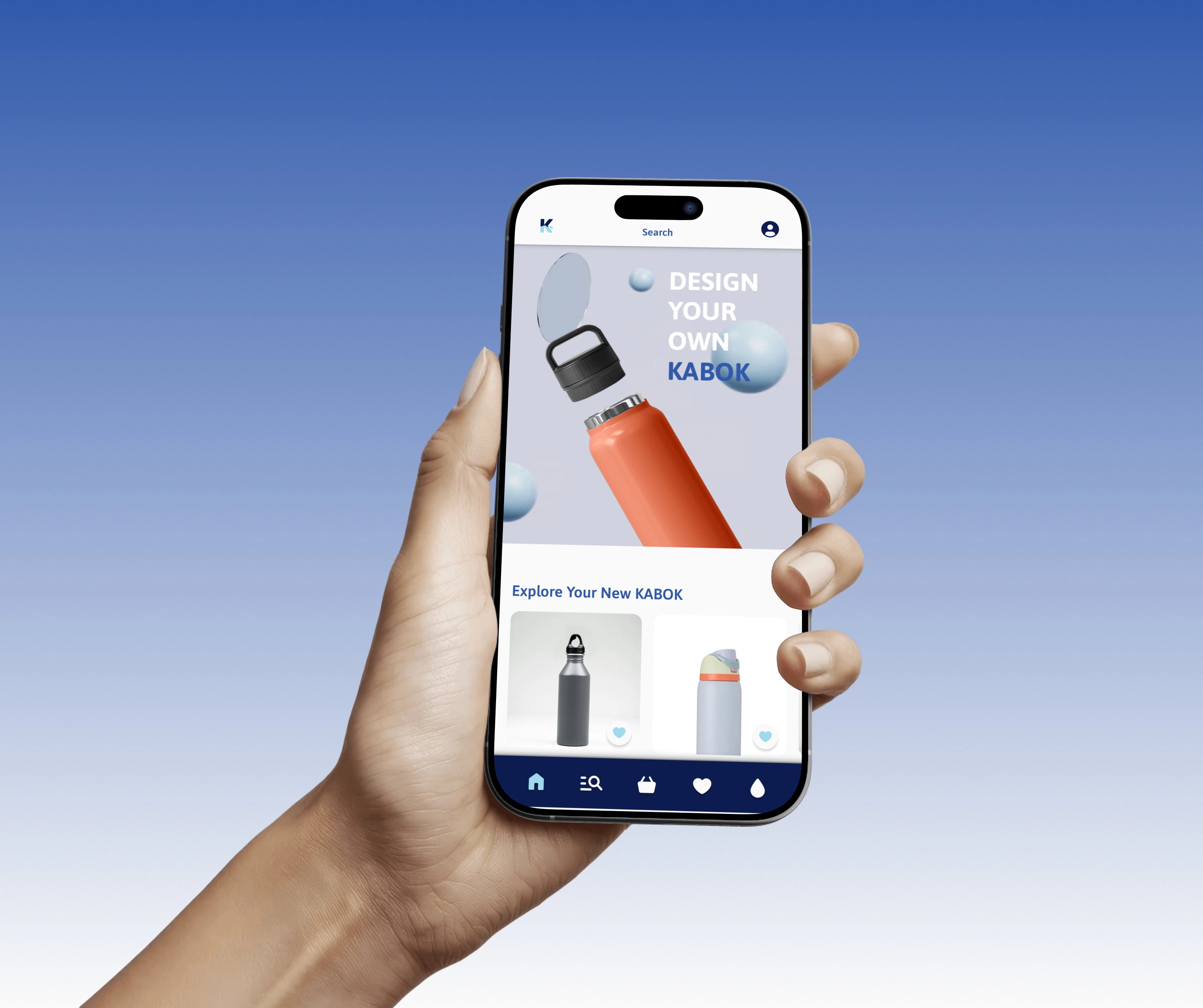KABOK app home screen mockup being held by one hand.
