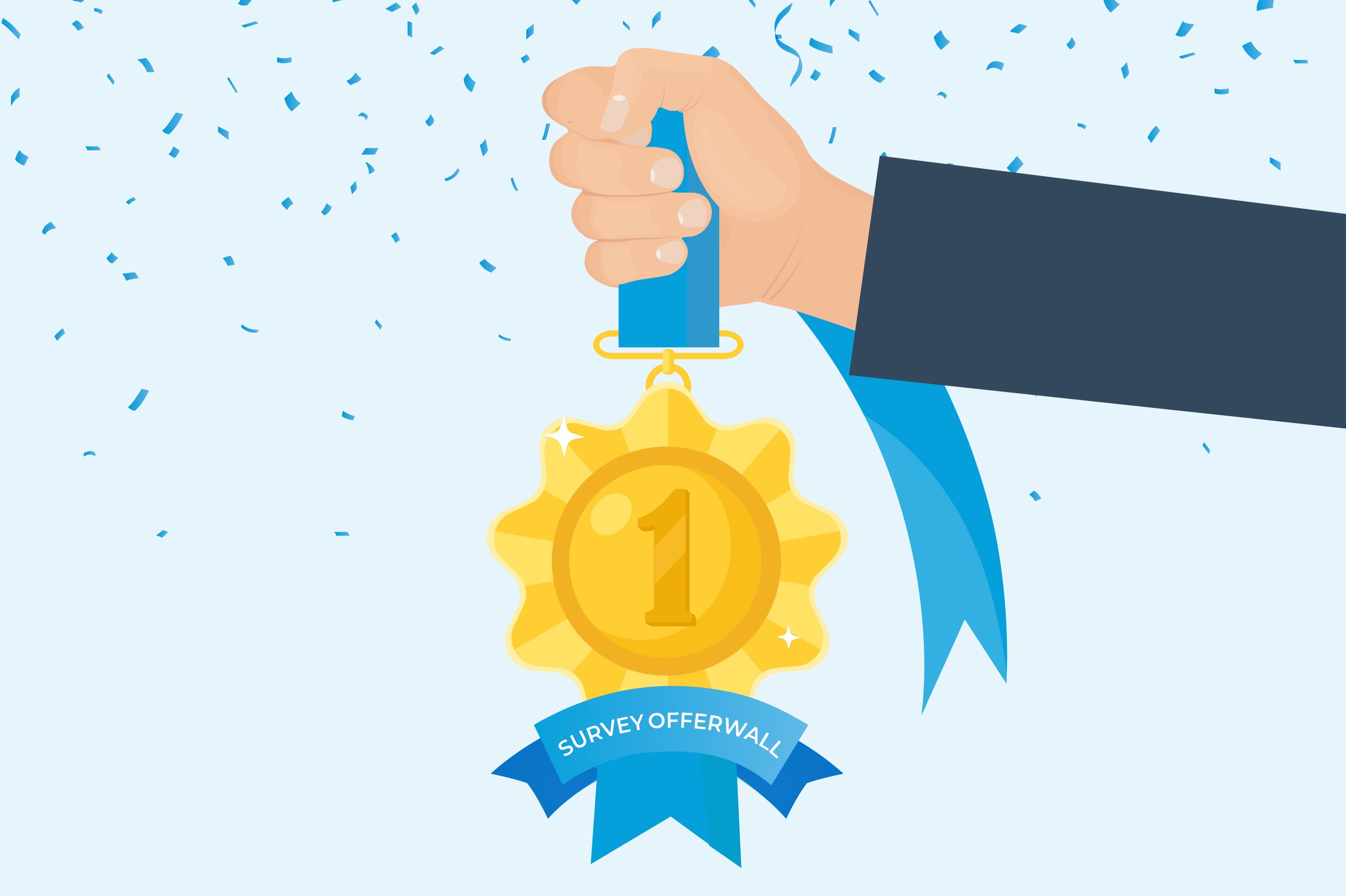 Vector illustration of a hand holding a gold first-place medal with a blue ribbon and falling confetti, representing survey rewards.