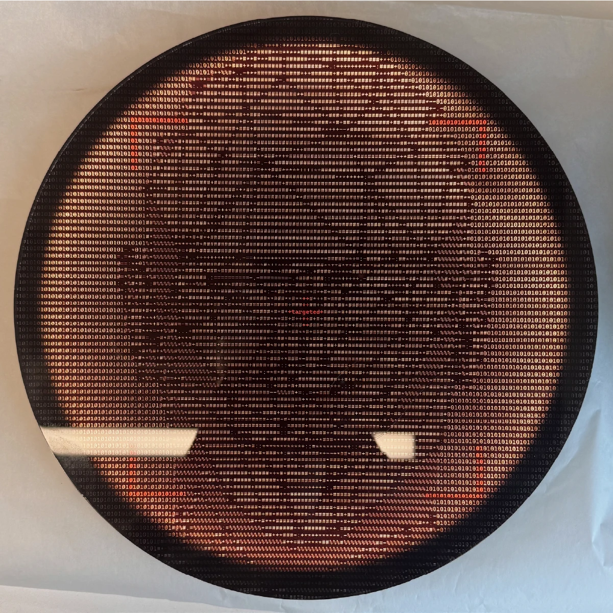 First prototype printing on an acrylic disk with a Canon Arizona flatbed printer.