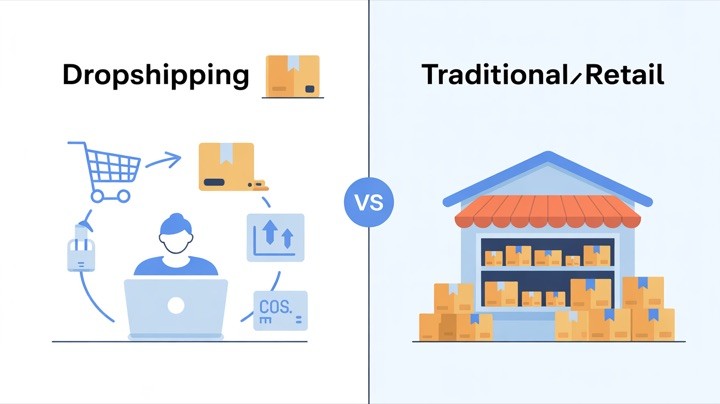 Visual comparison of dropshipping versus traditional retail business models