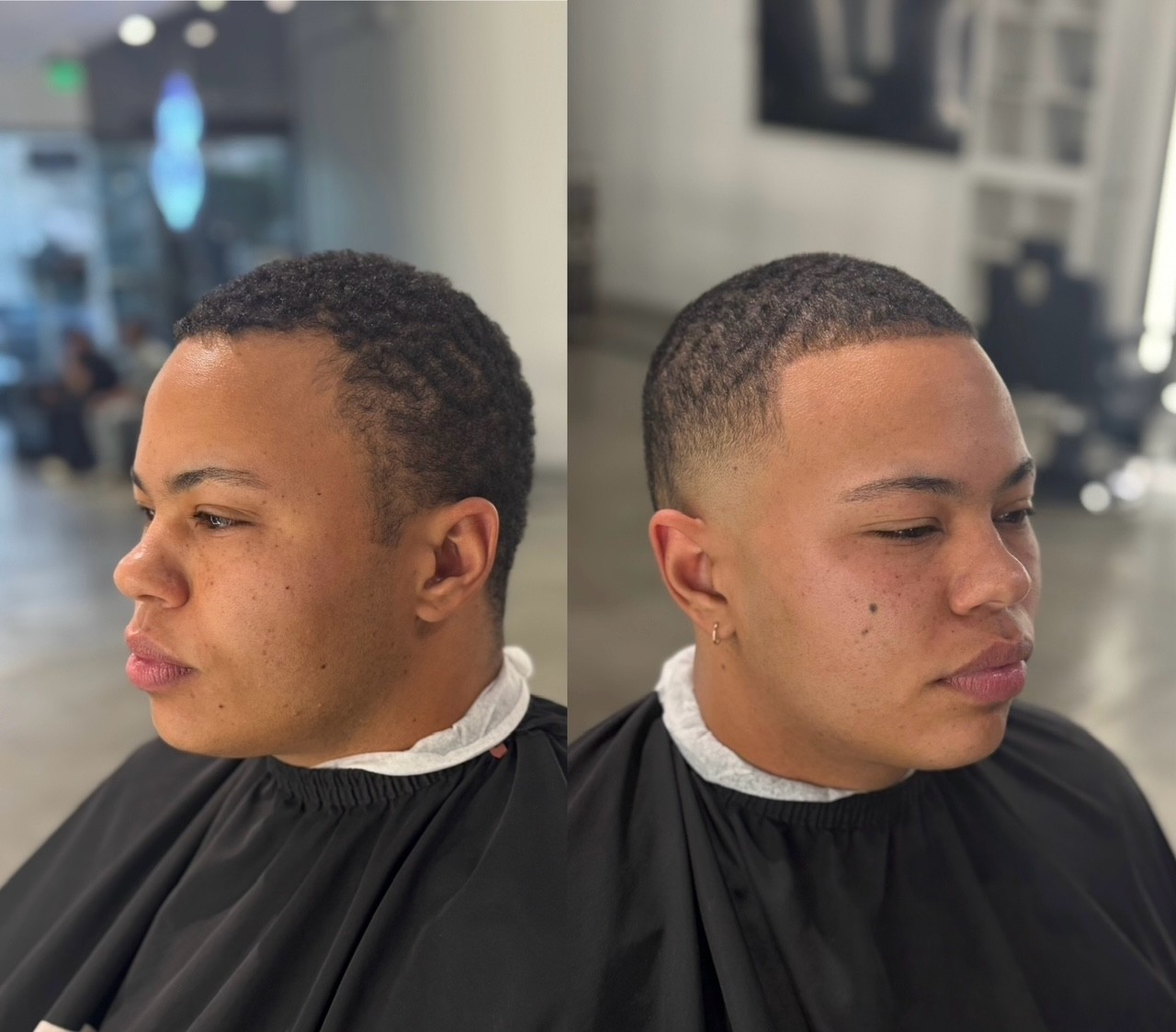 Taper fade transformation featuring a clean and natural finish for African American men, highlighting precise grooming and sharp edges at The Rich Barber in West Hollywood.