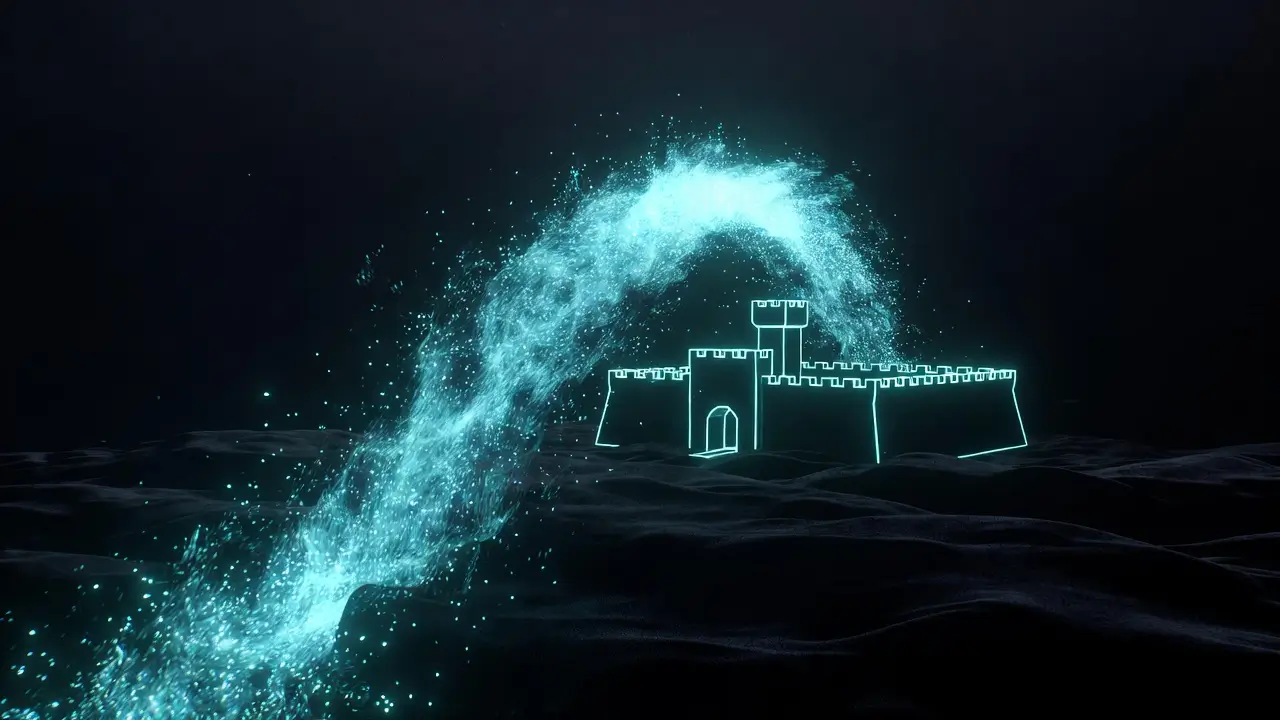 A glowing, digital castle emerges from dark waters, with a sparkling water arc cascading above it in a fantasy setting.
