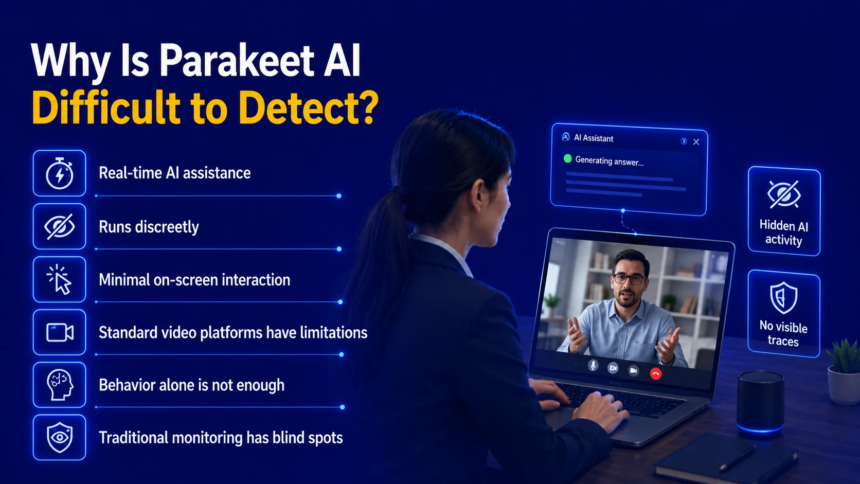 Infographic explaining why Parakeet AI is difficult to detect during online interviews and the limitations of traditional monitoring.