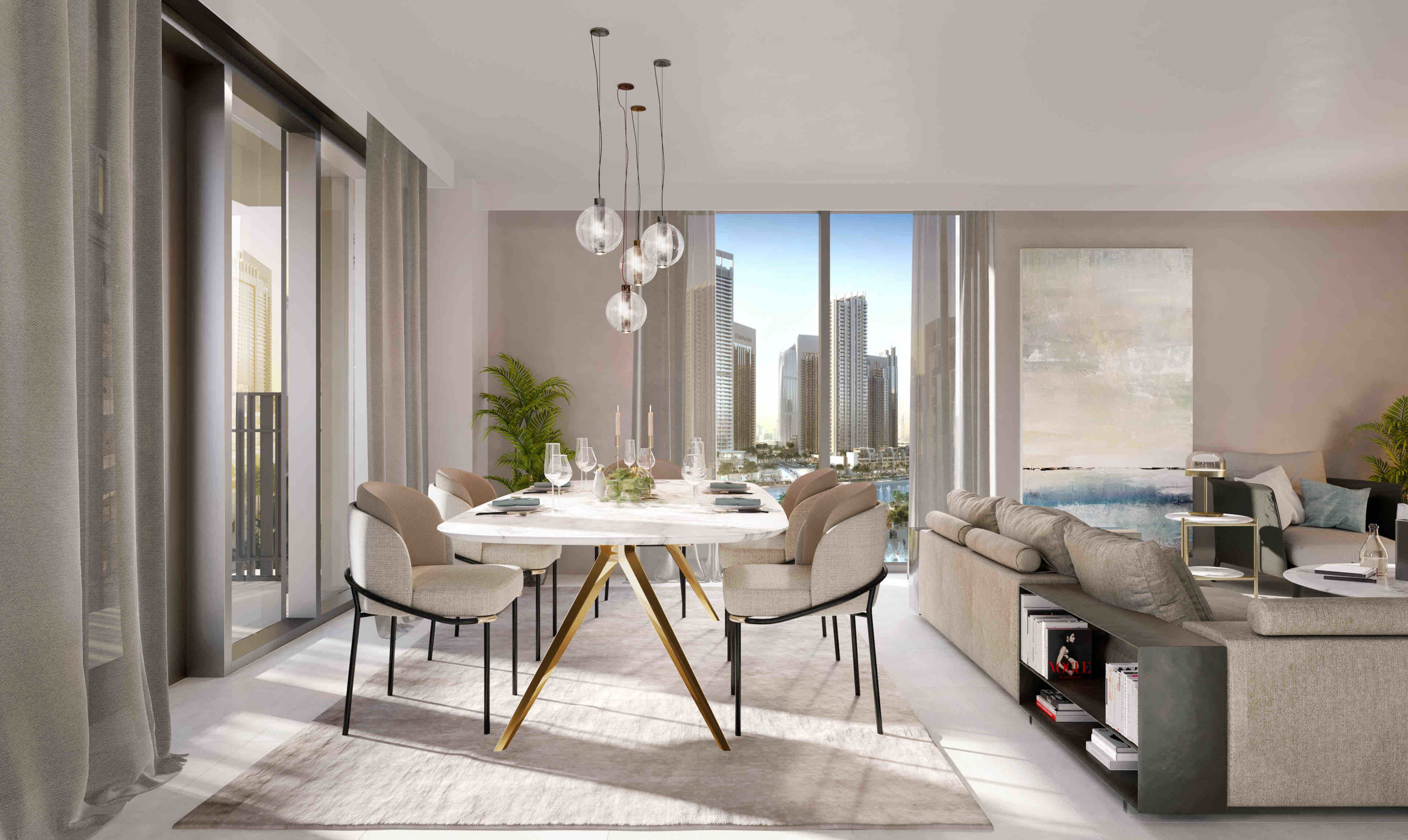 Welcoming lobby of a new apartment building, featuring surf-themed elements and modern furnishings.