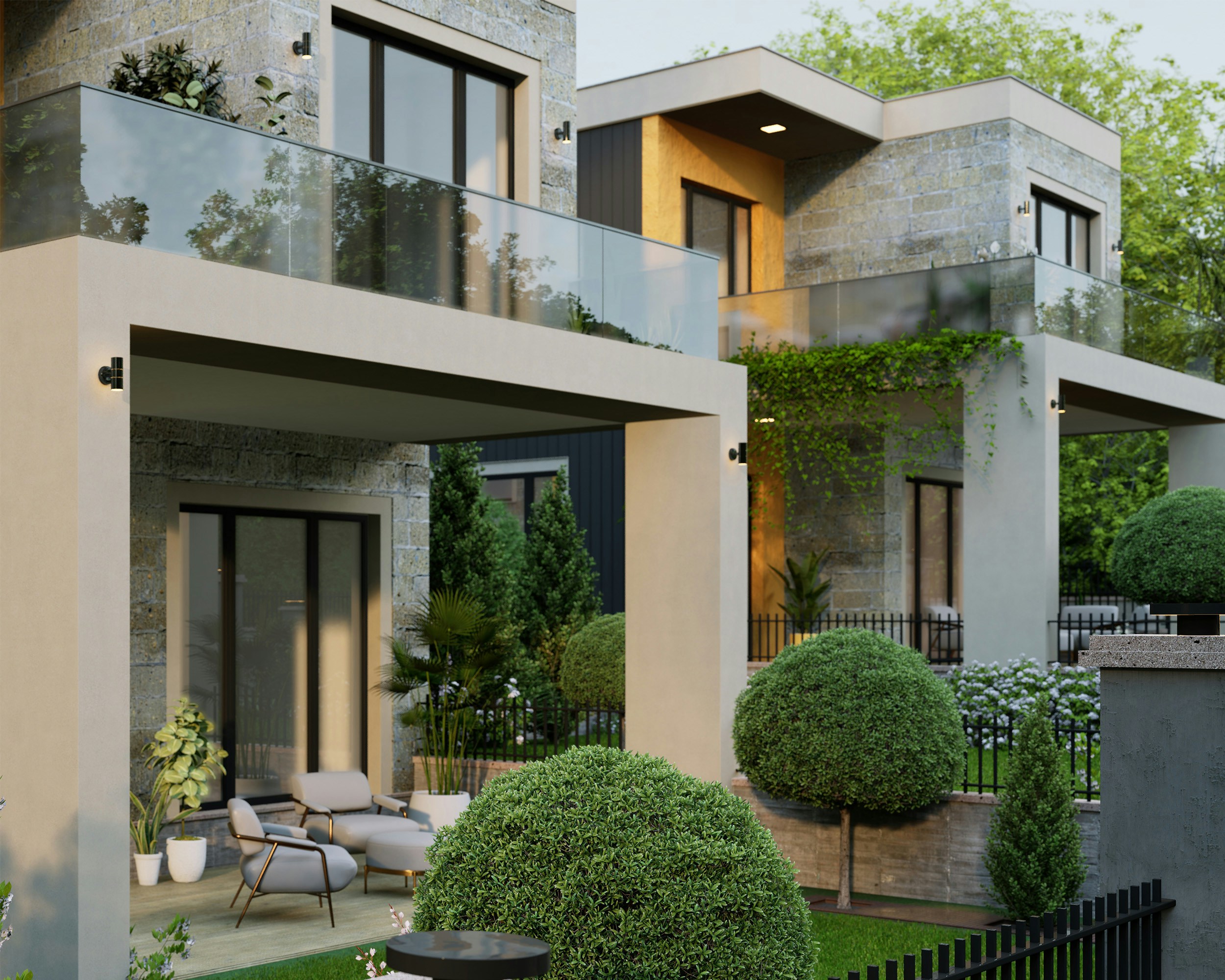 a house with a lot of trees and bushes in front of it