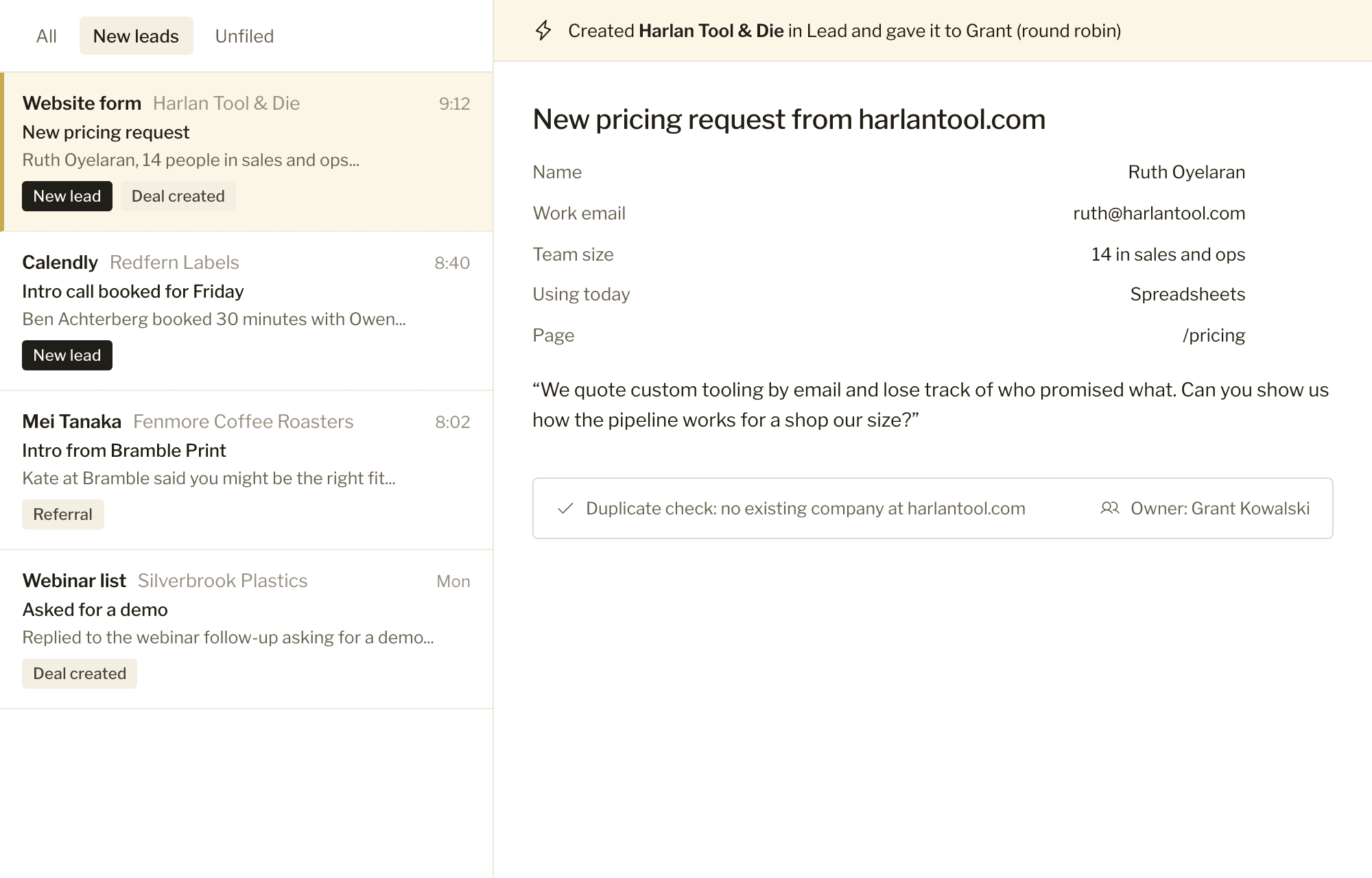 Thatcher inbox with a new lead from a website form turned into a deal