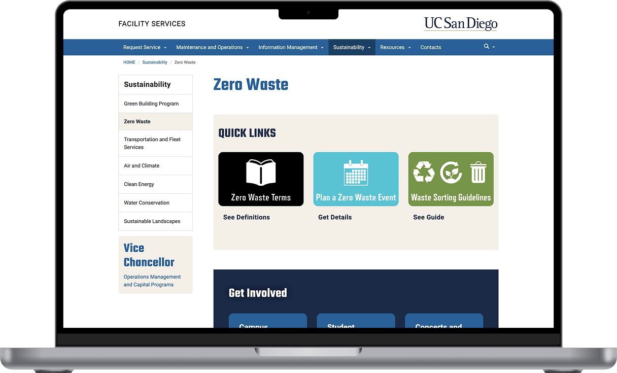 UC San Diego Zero Waste webpage on a laptop screen.