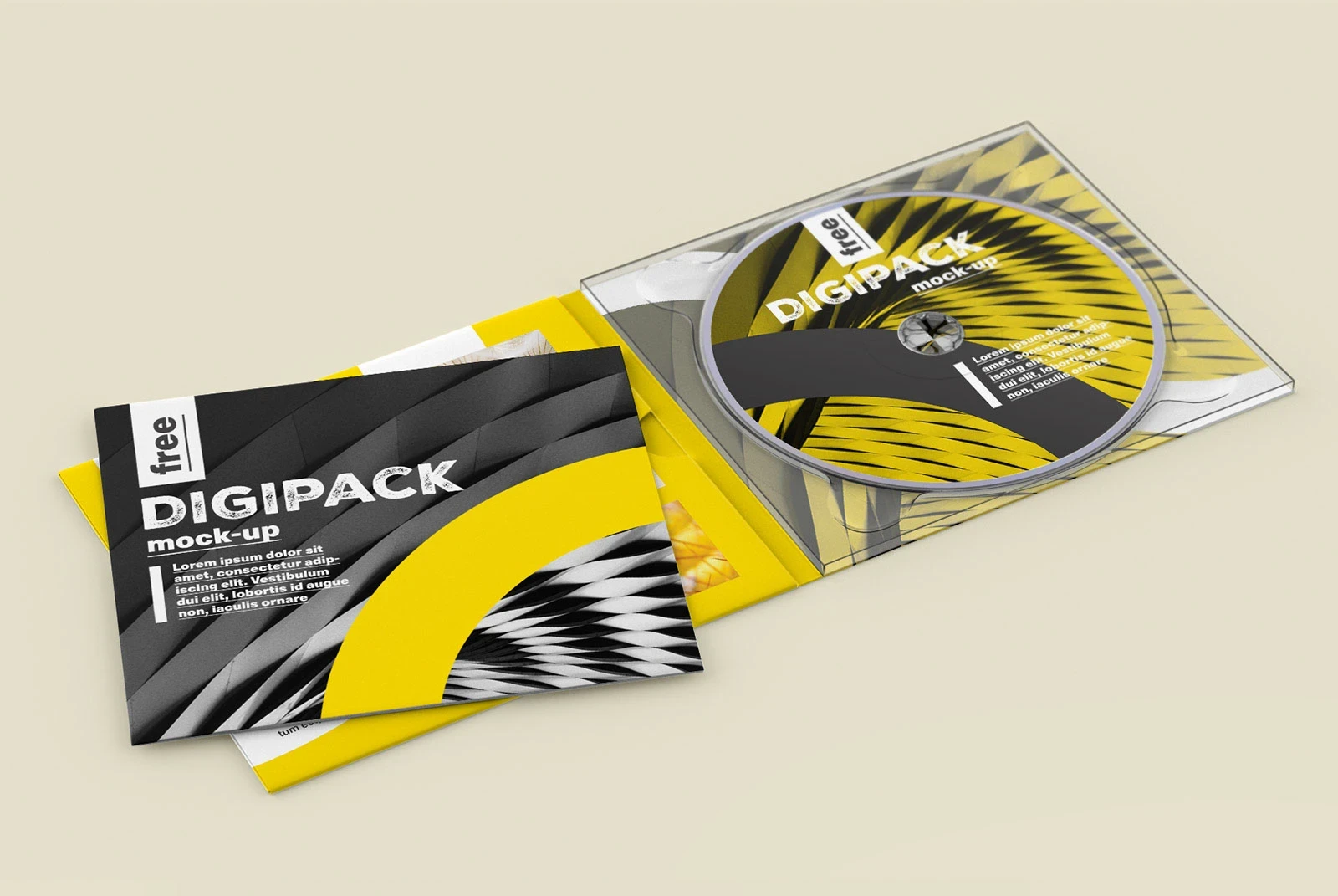 CD digipack mock-up featuring geometric designs in yellow, black, and white. The open case reveals a disc with matching patterns. Dynamic and modern.