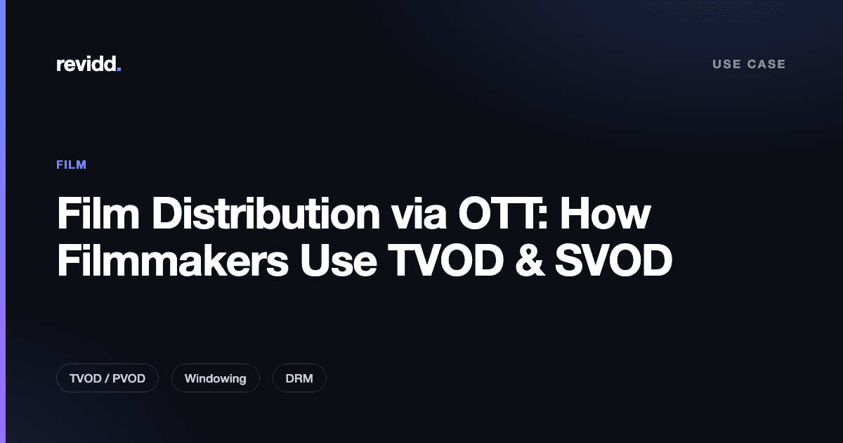 Diagram of a film distribution OTT workflow showing TVOD rent-and-buy, SVOD catalog, and branded apps across Roku, Apple TV, and mobile